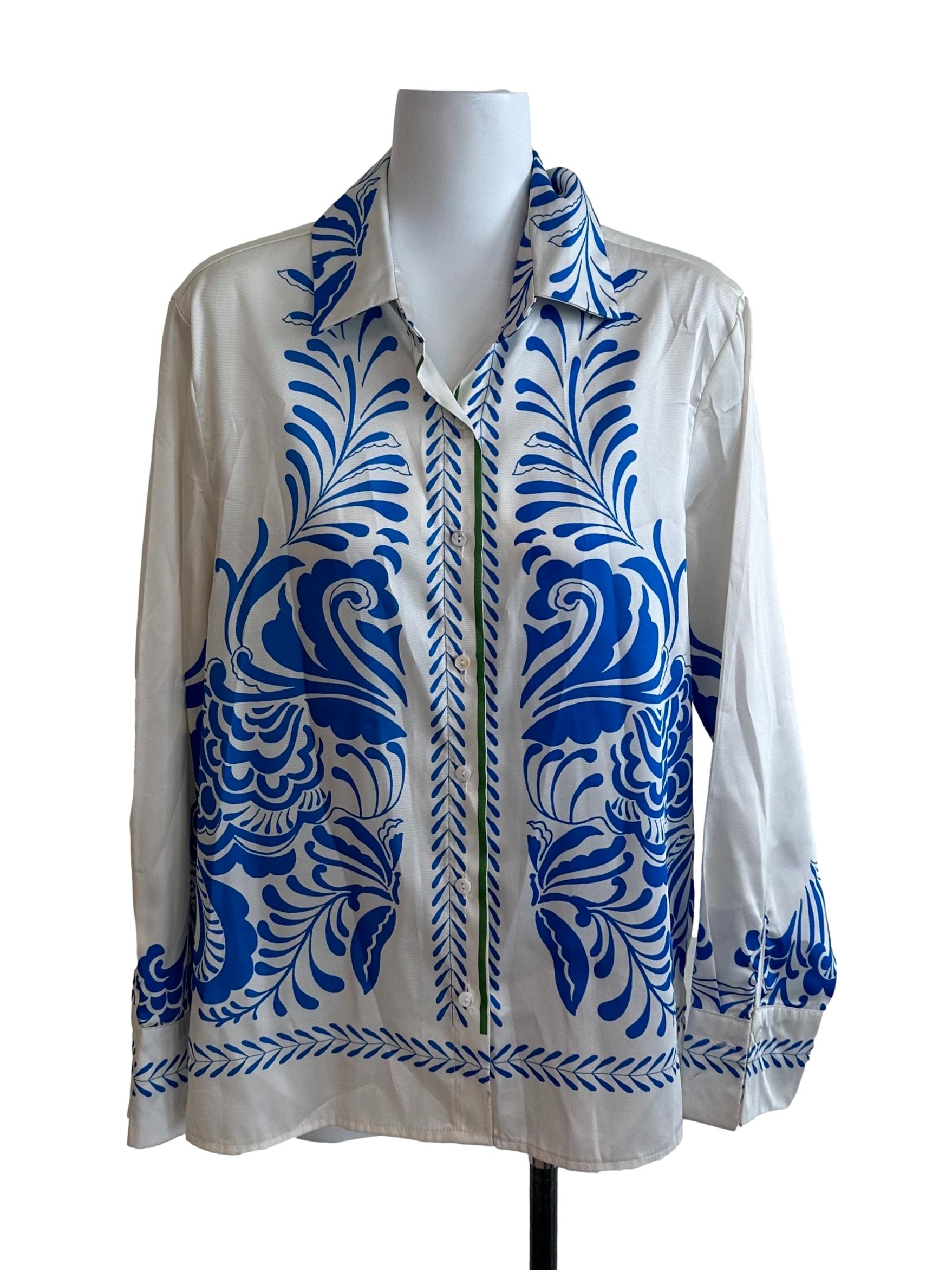 Ivory White Pattern Collar Button Top