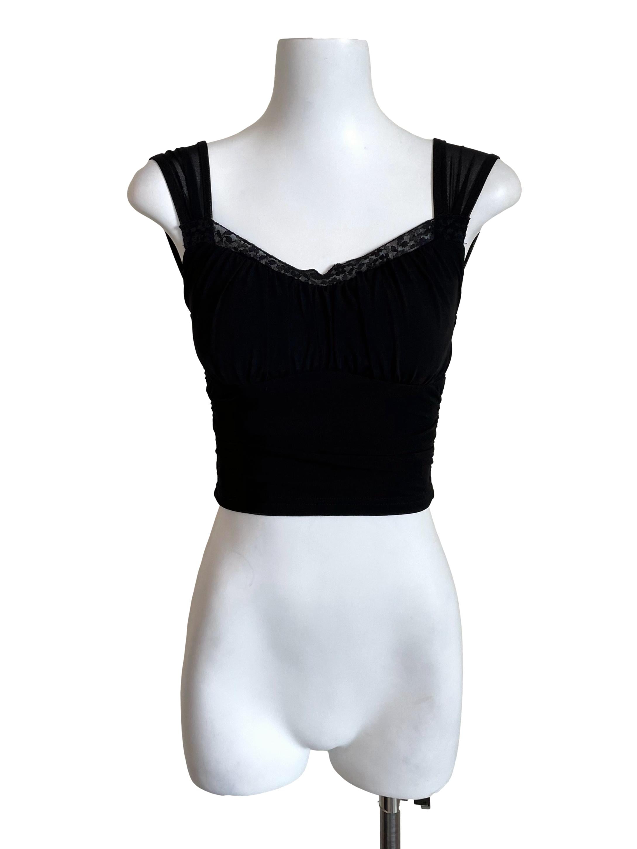 Black Draped Mesh Sweetheart Top