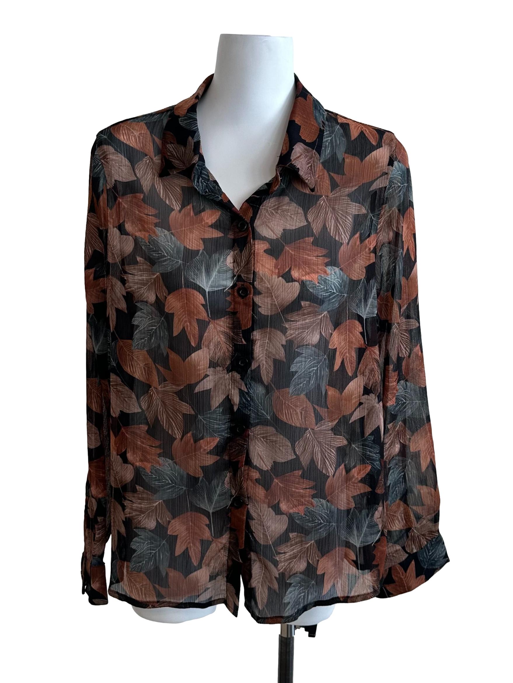 Brown Black Pattern Button Top