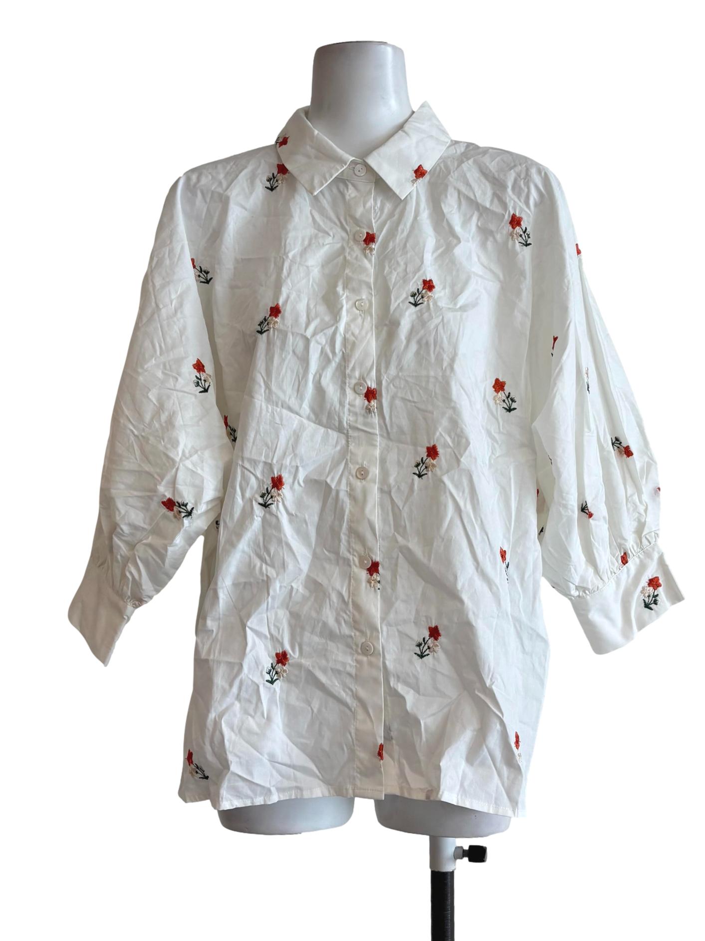 White Floral Embroidered Longsleeve Cotton Blouse