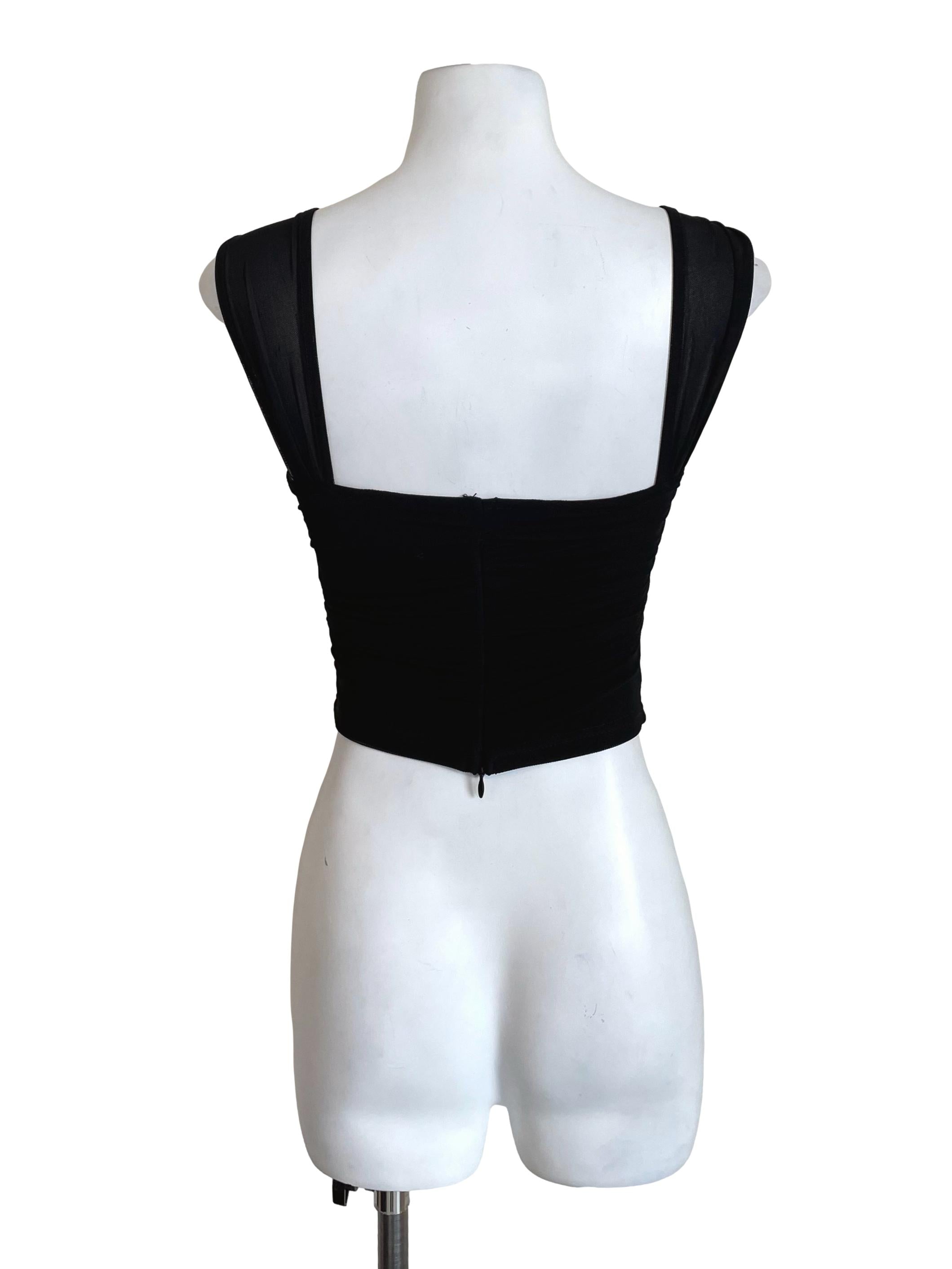 Black Draped Mesh Sweetheart Top