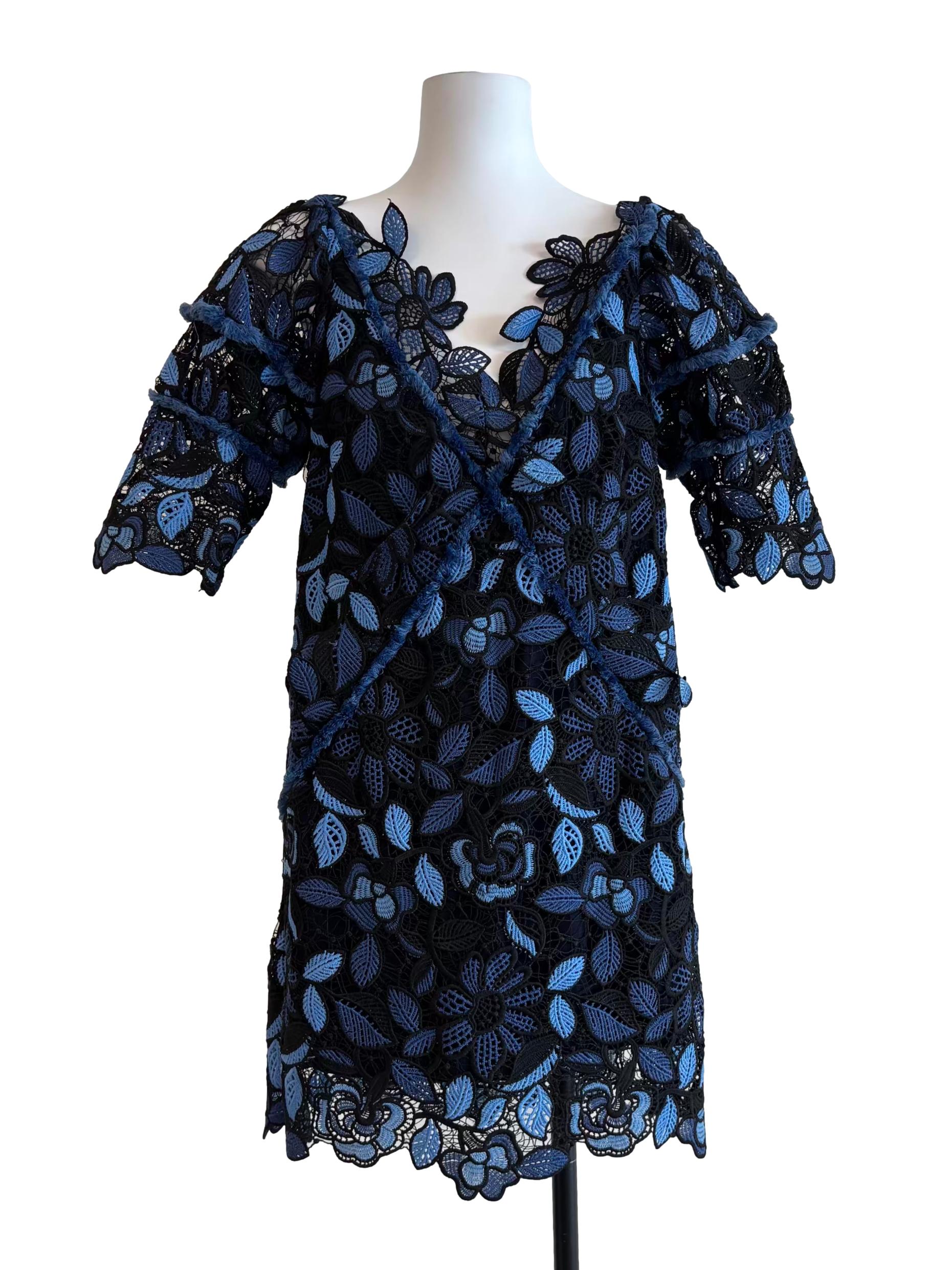 Blue And Black Floral Embroidered Lace Shift Dress