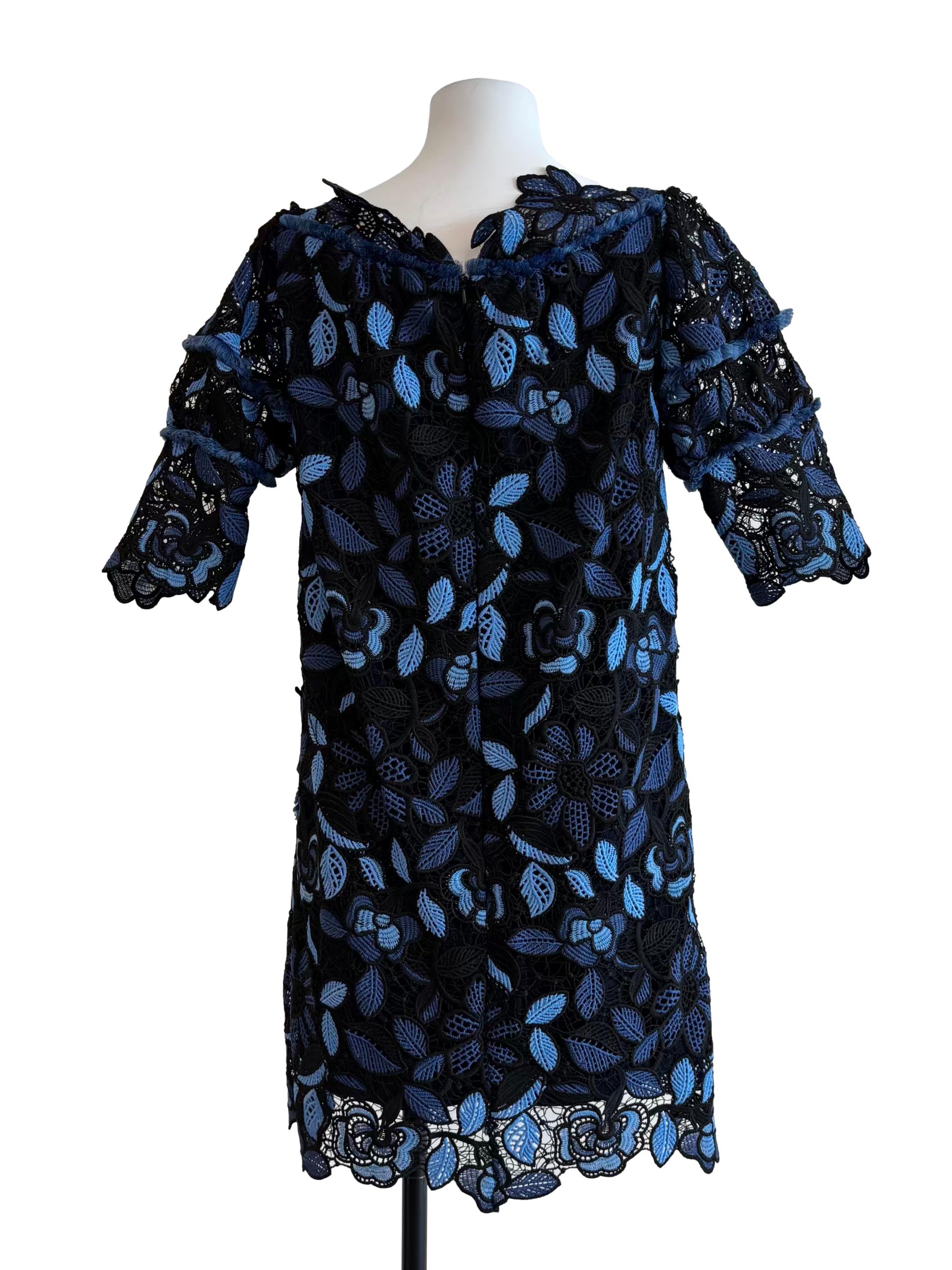 Blue And Black Floral Embroidered Lace Shift Dress