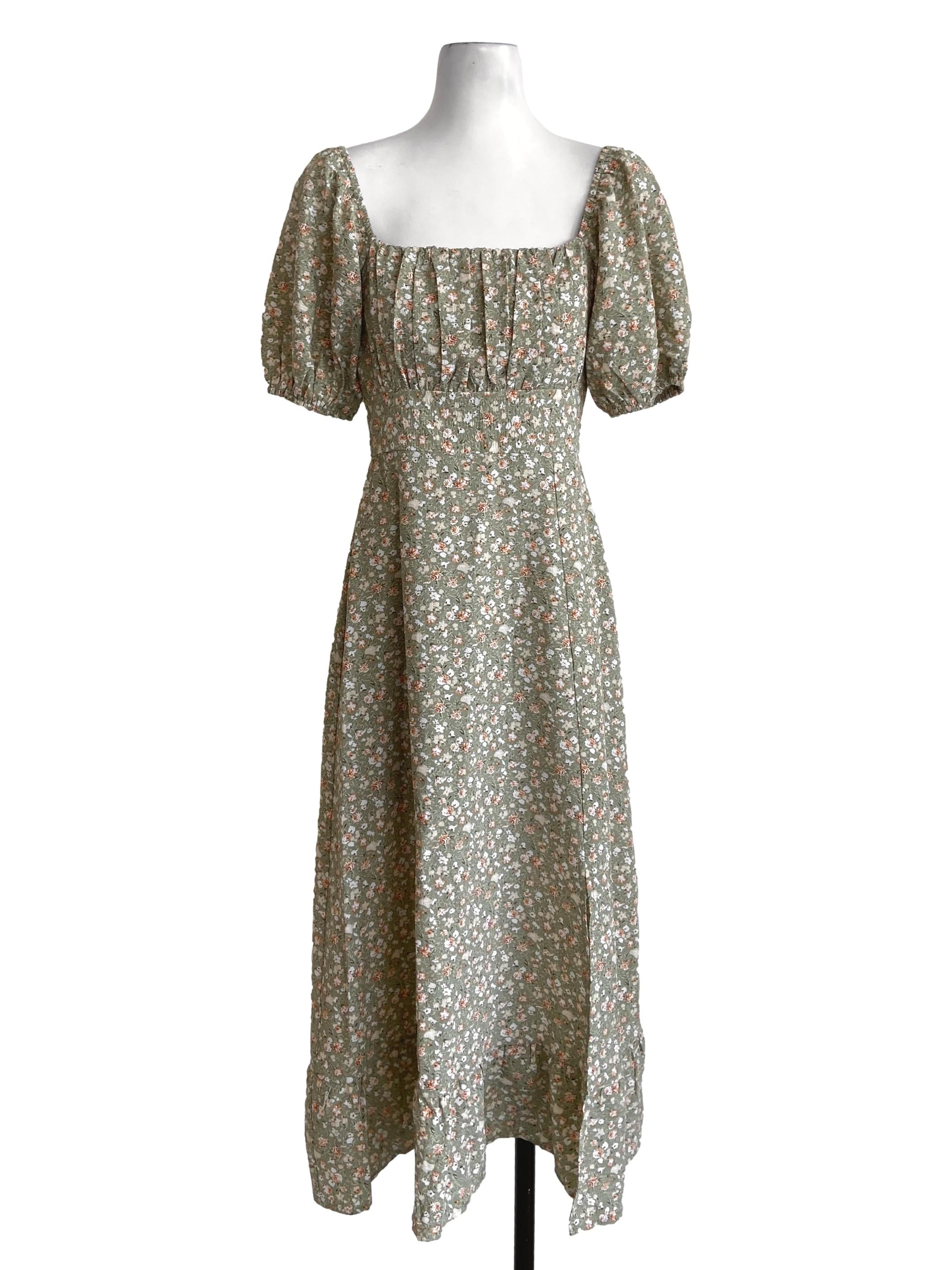 Mint Green & Floral Square Neck Slit Dress