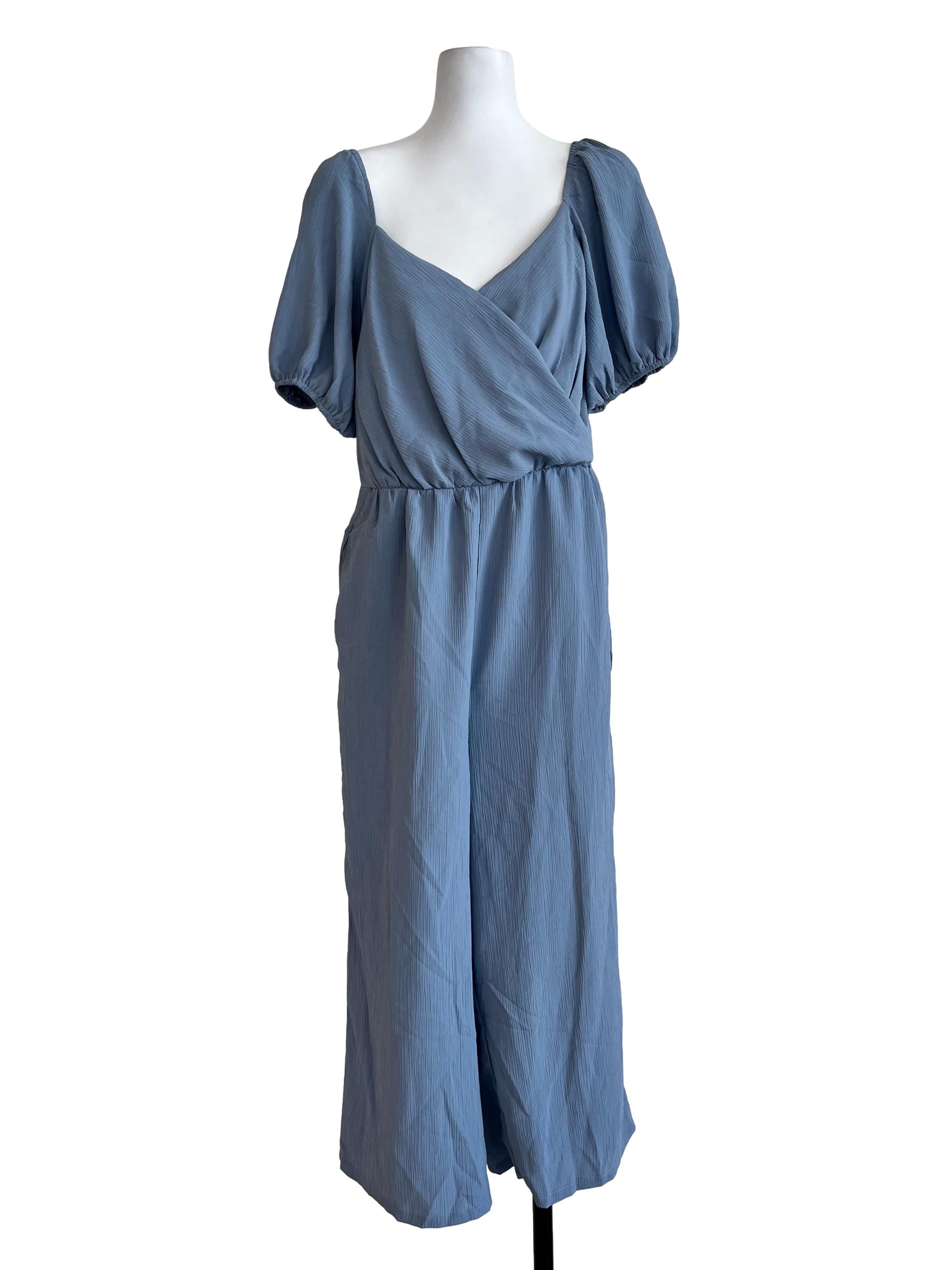 Blue Plain Short Sleeves Jumpsuit