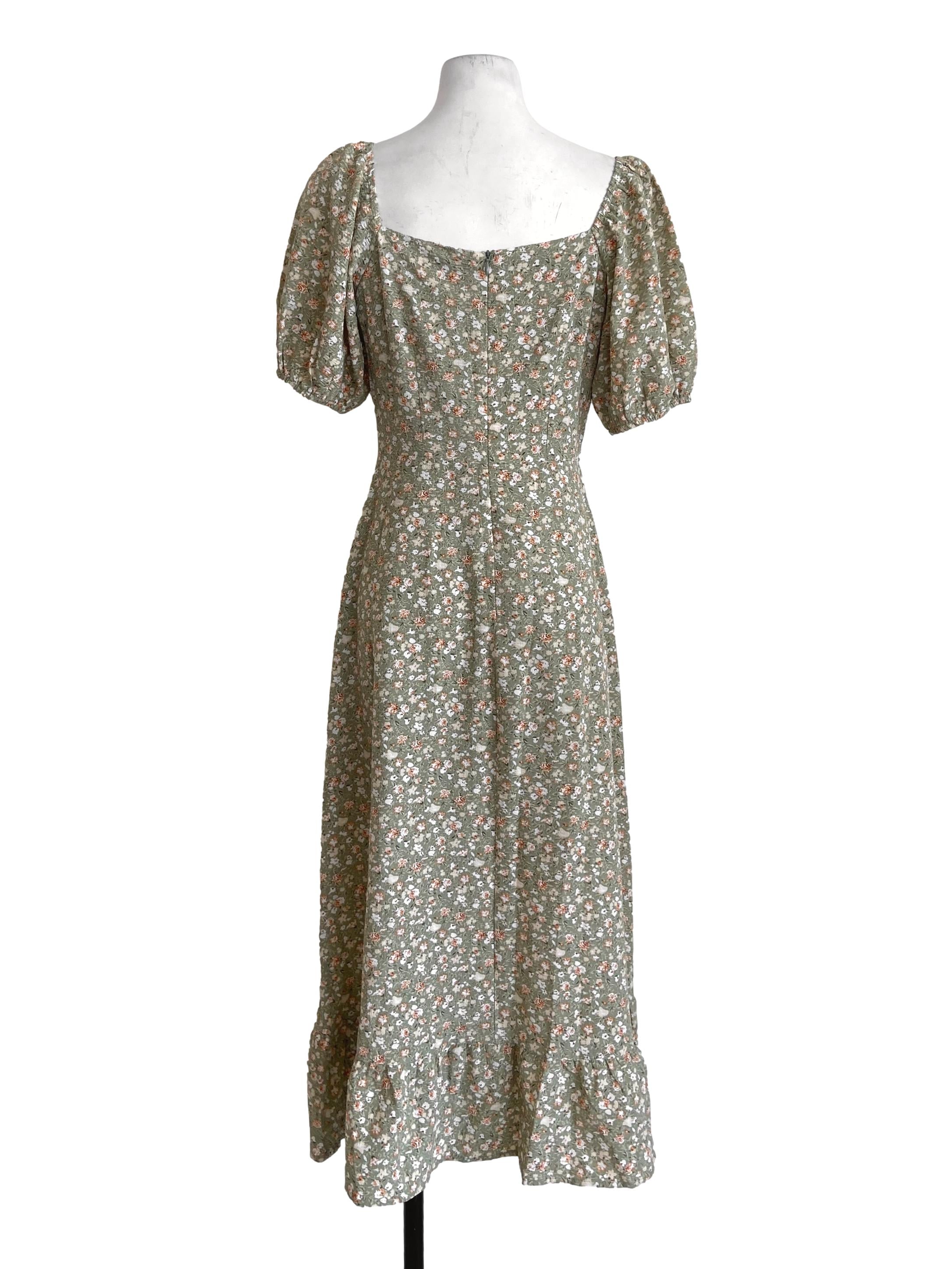 Mint Green & Floral Square Neck Slit Dress