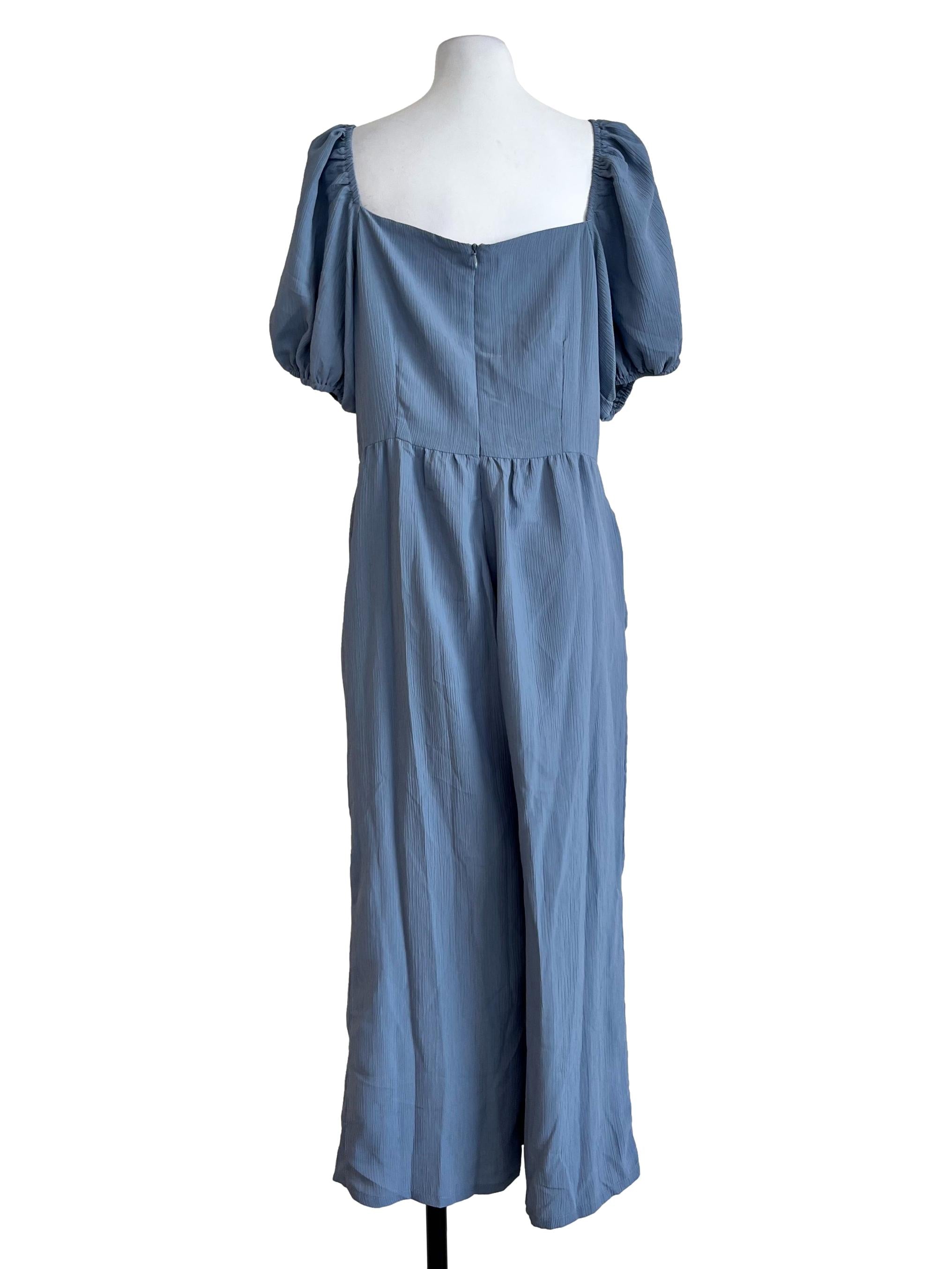Blue Plain Short Sleeves Jumpsuit