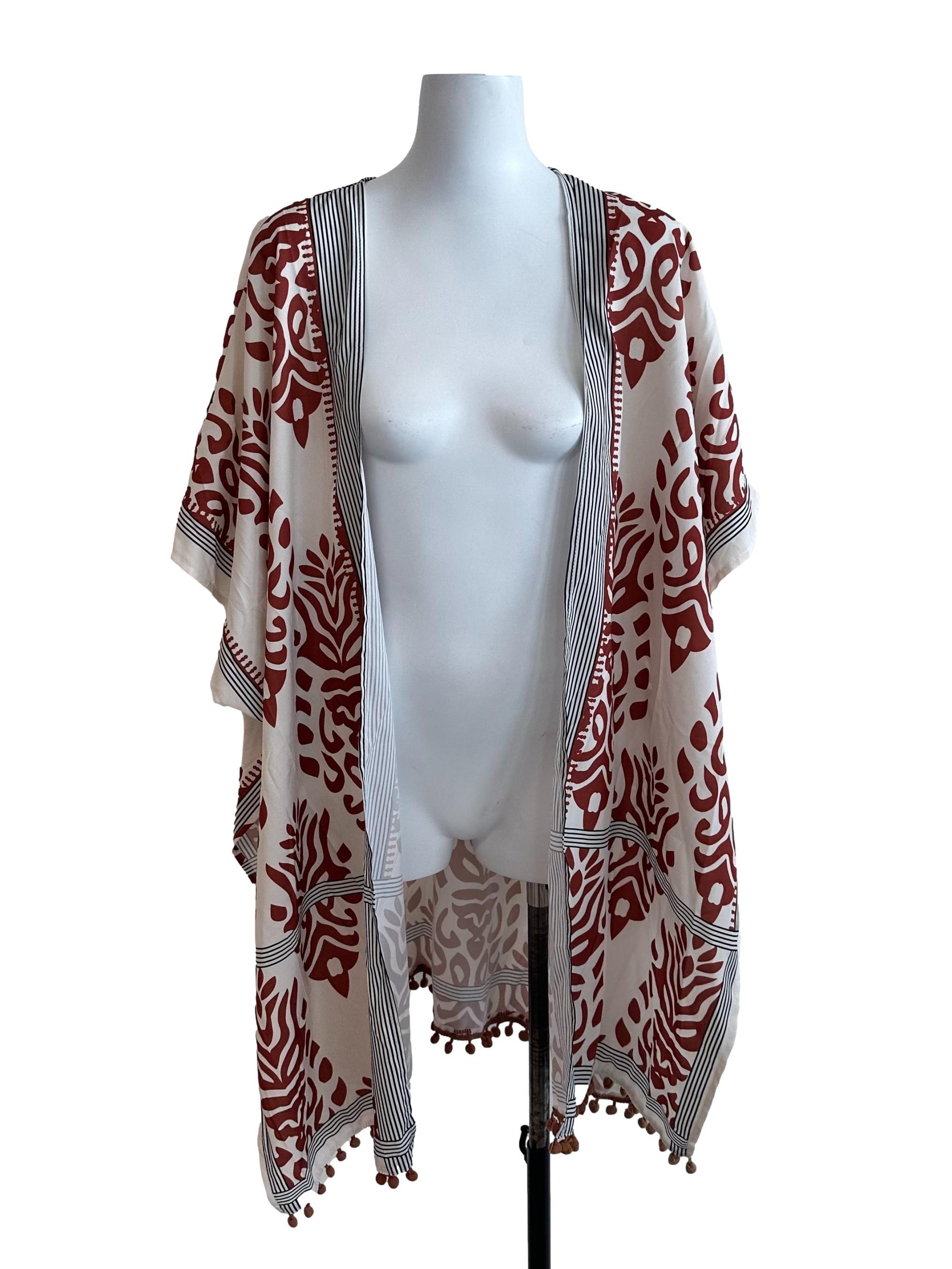 White Brown Pattern Front Open Kimono Cardigan