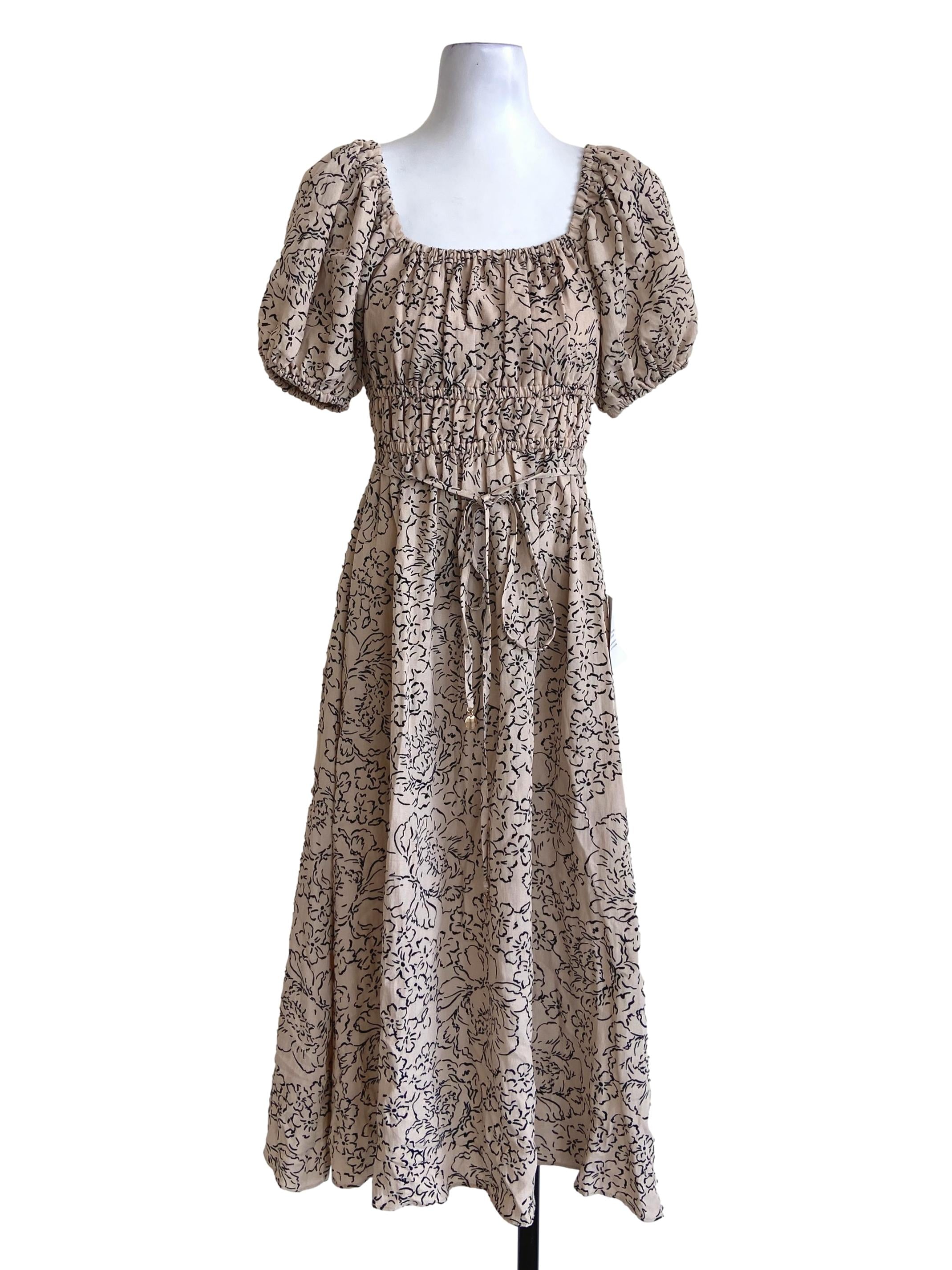 Linen Beige & Black Floral Square Neck Empire Dress