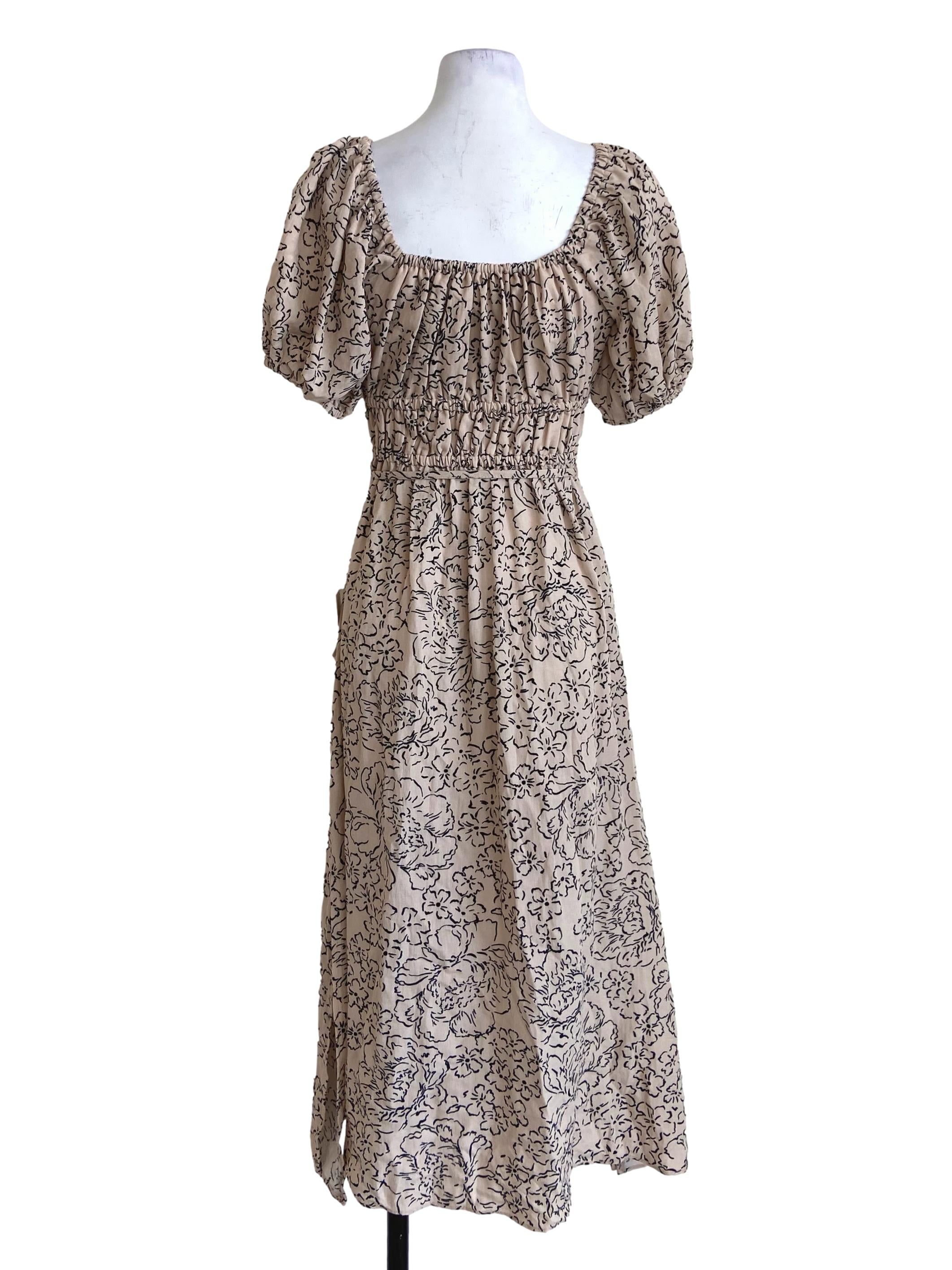 Linen Beige & Black Floral Square Neck Empire Dress