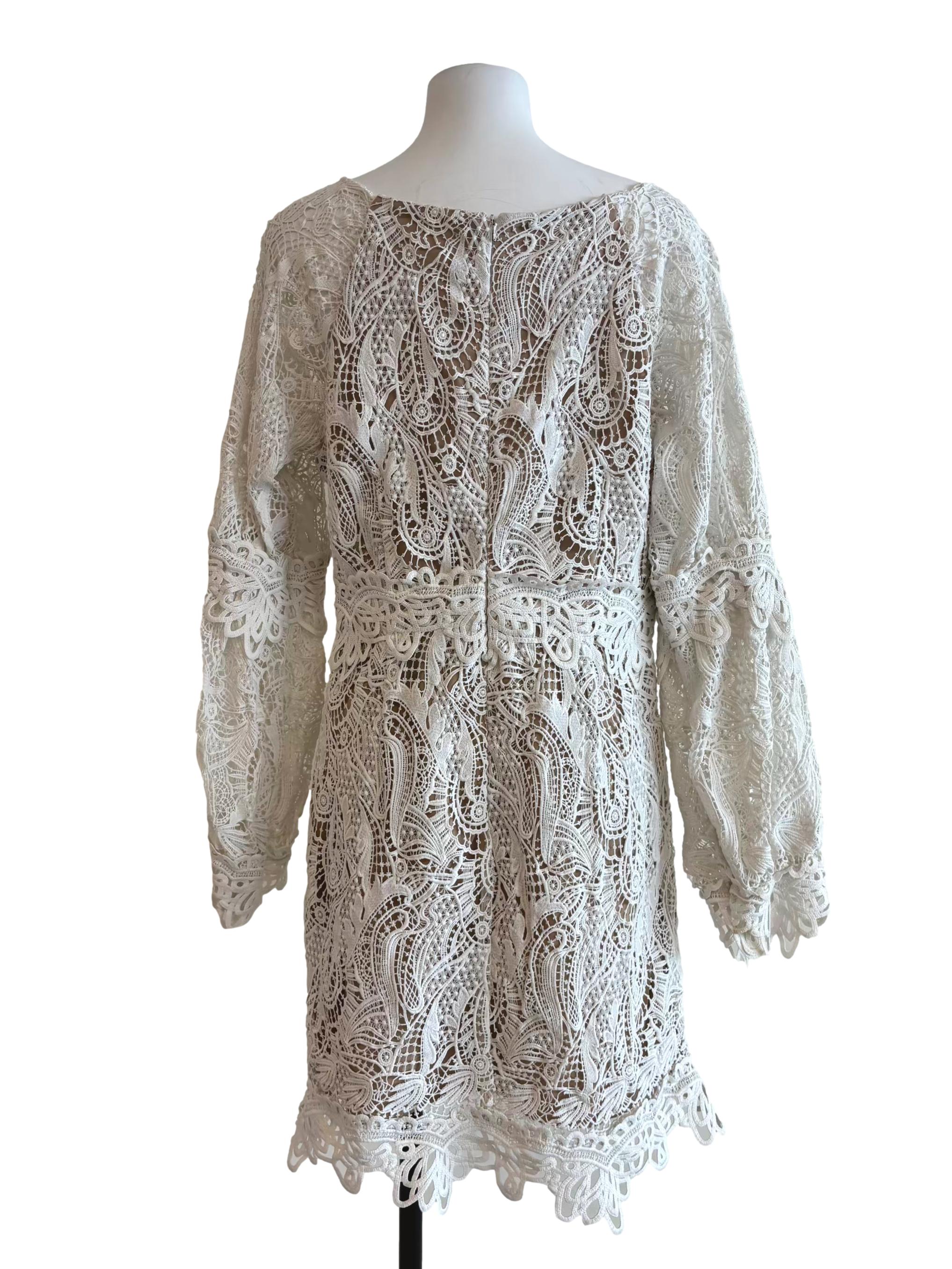 Powder White Embroidered Lace Long Sleeve Dress