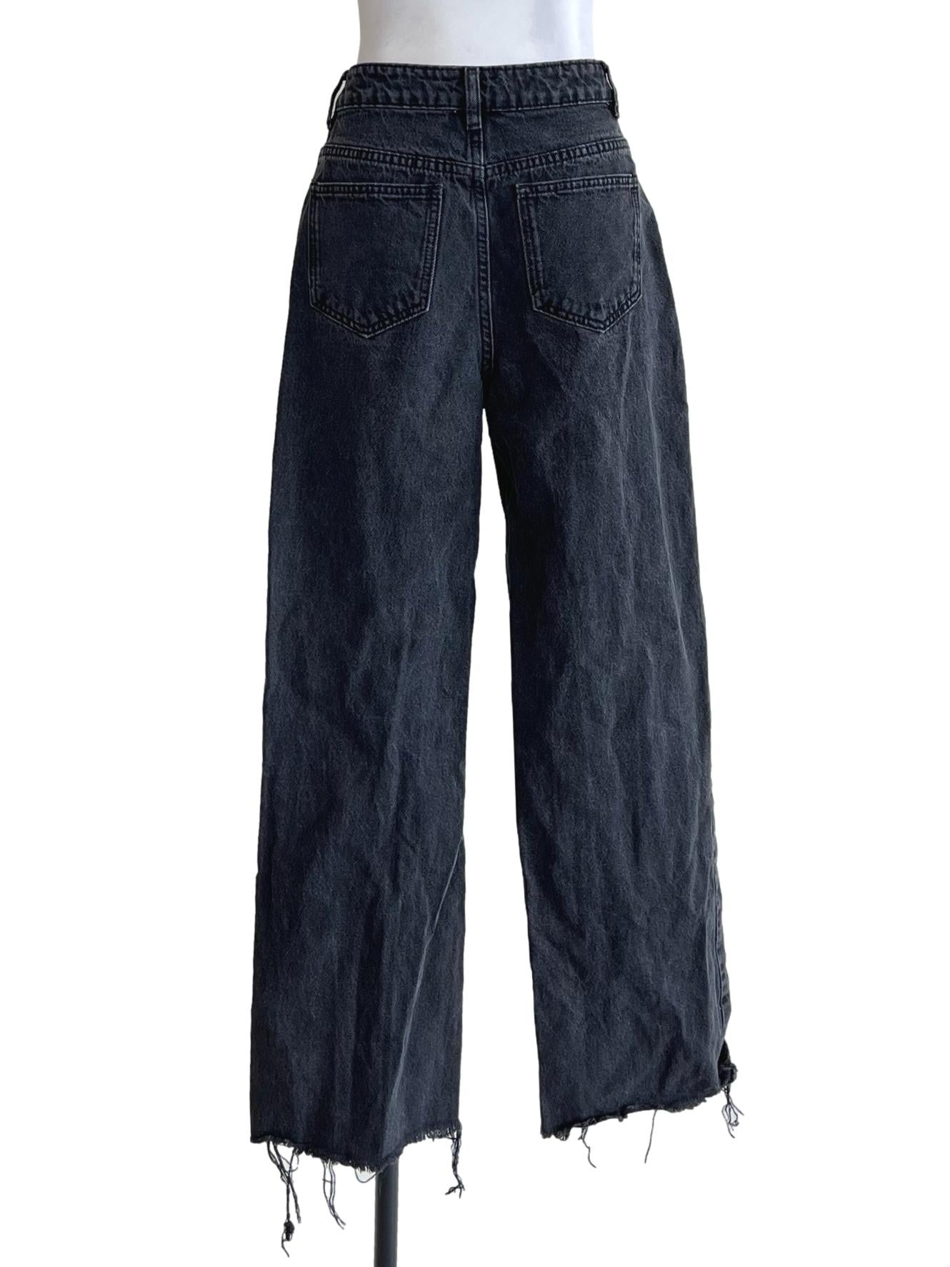 Crow Black Straight-Leg Raw Hem Jeans