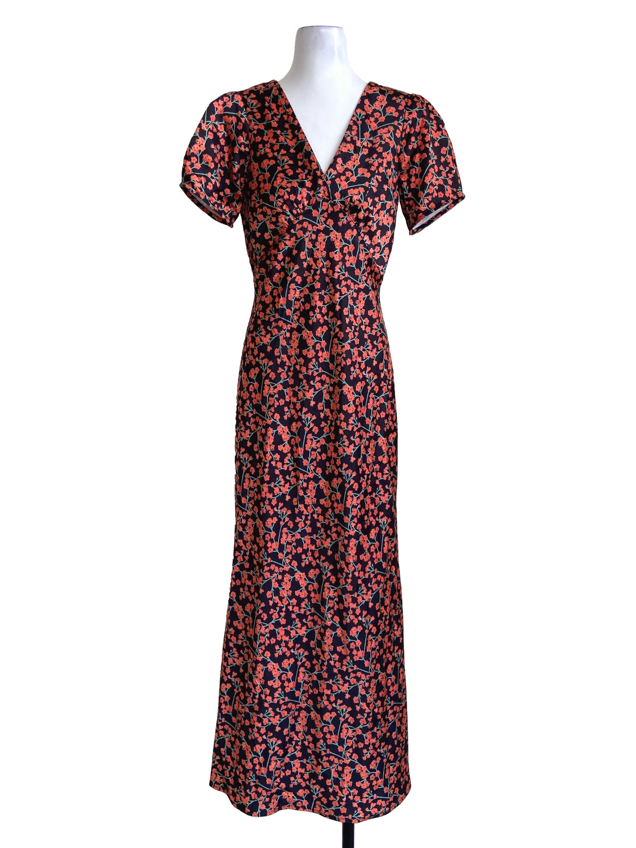 Black & Orange Floral Jewel Neck Empire Dress