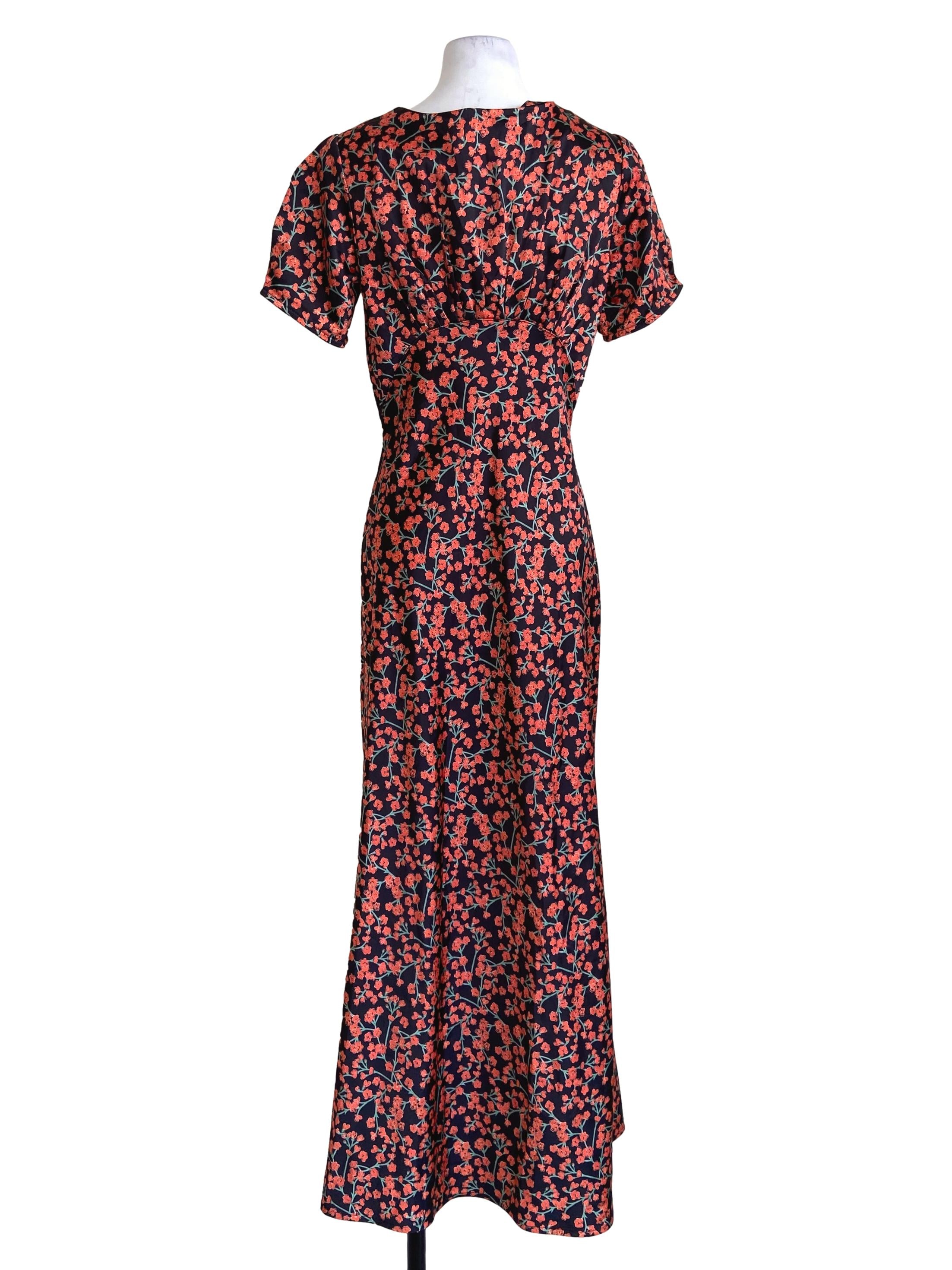Black & Orange Floral Jewel Neck Empire Dress