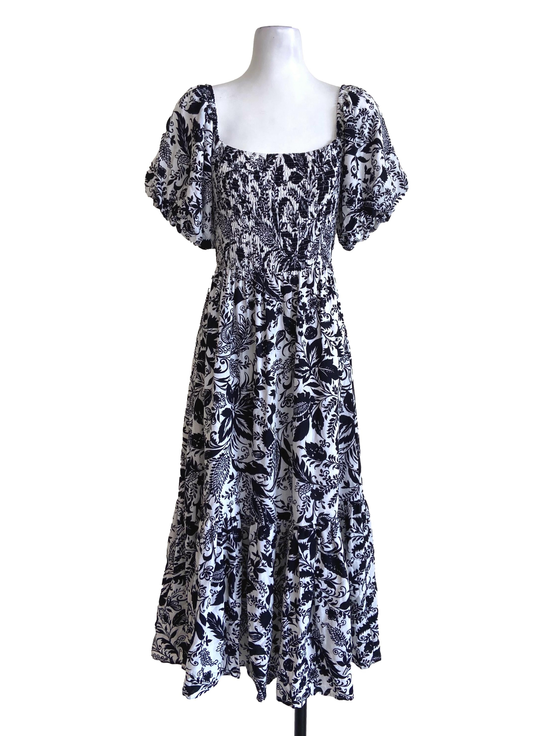 Black & White Floral Square Neck Stretchable Dress