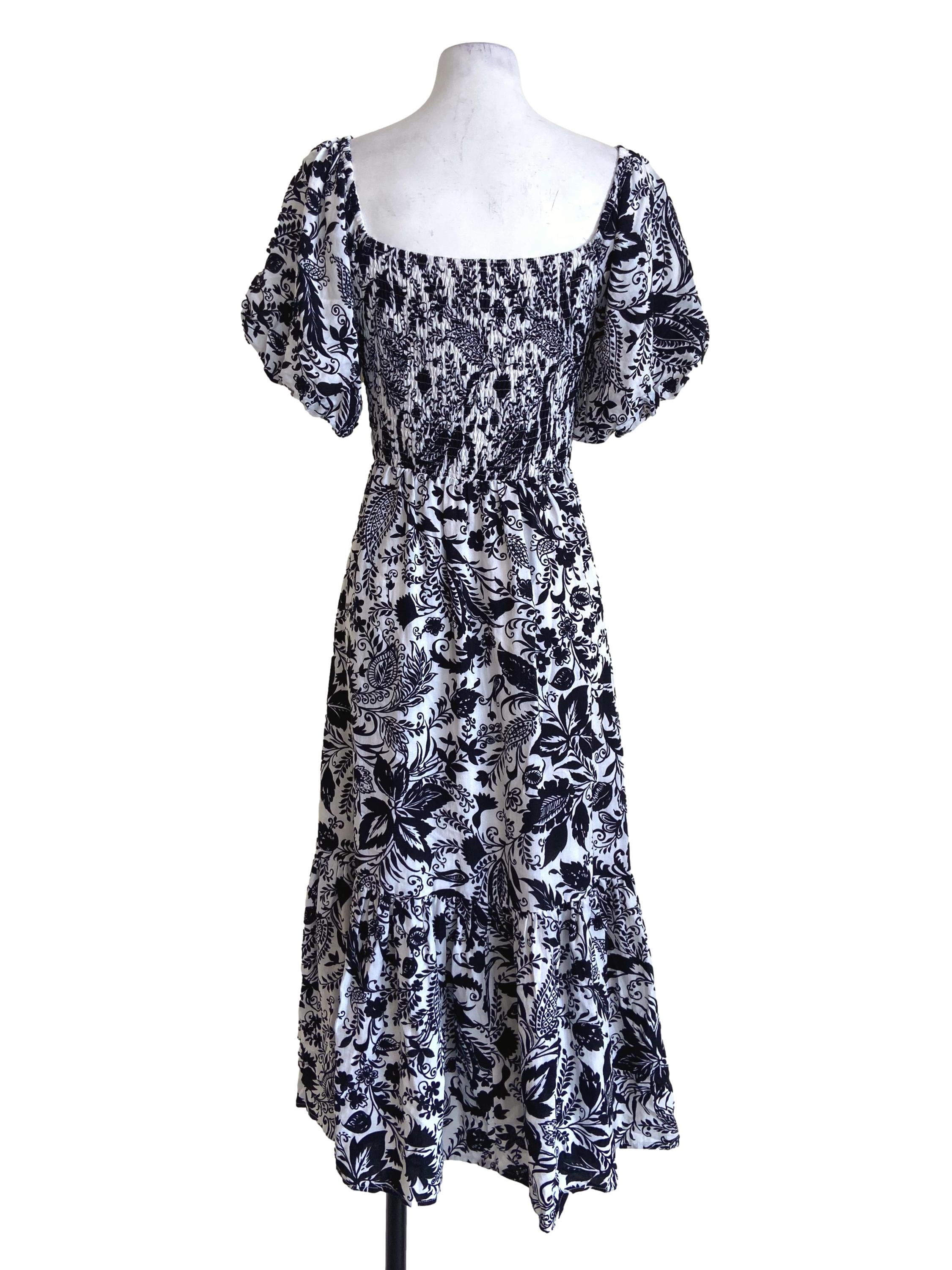 Black & White Floral Square Neck Stretchable Dress