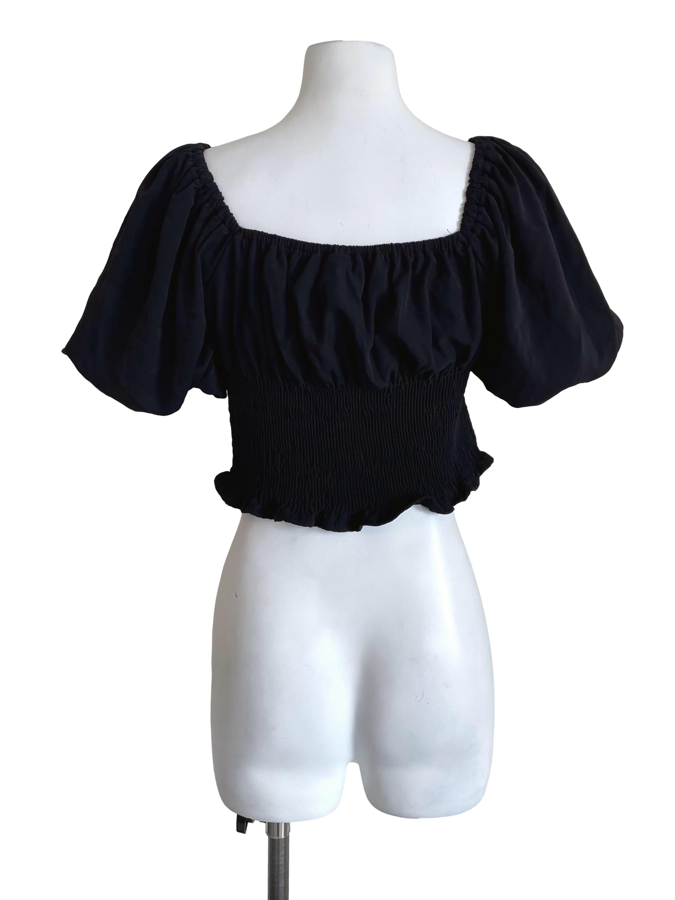 Black Puff Sleeves Shirred Top