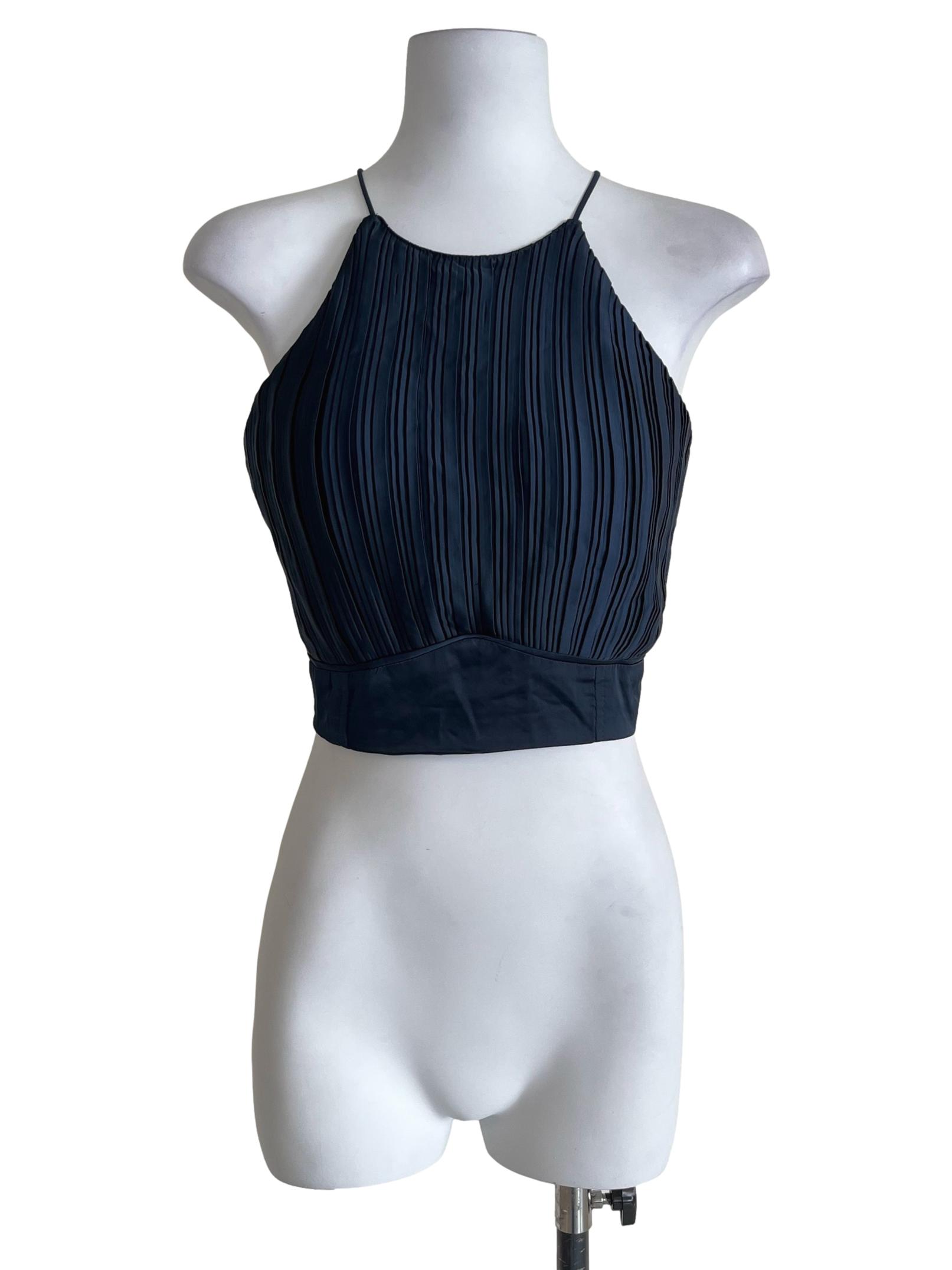 Navy Blue Sheer Pleated Halter Top