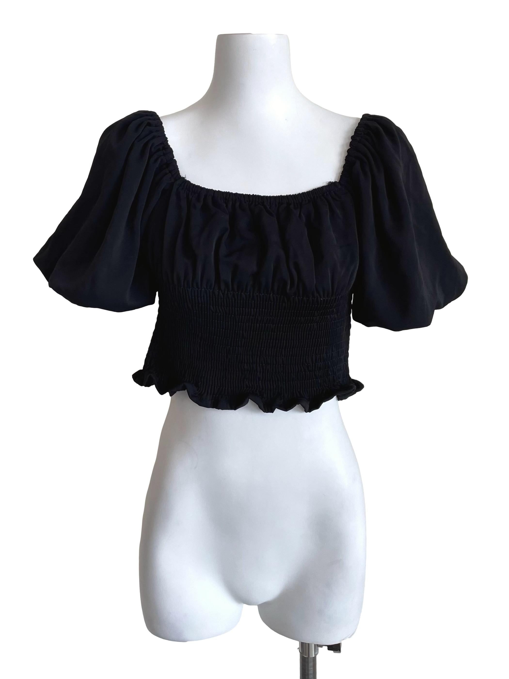 Black Puff Sleeves Shirred Top