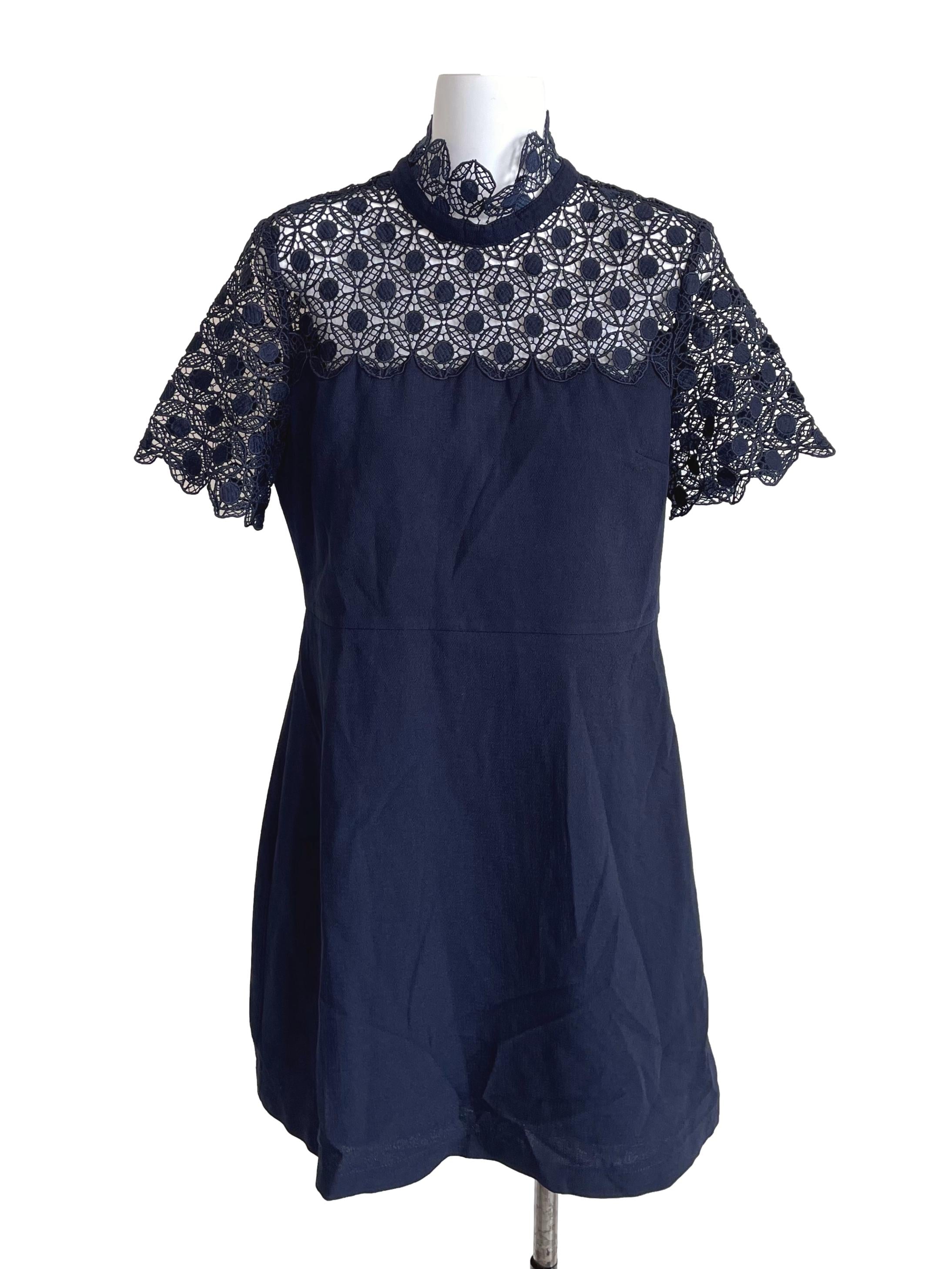 Navy Embroidery Mid Neck Dress