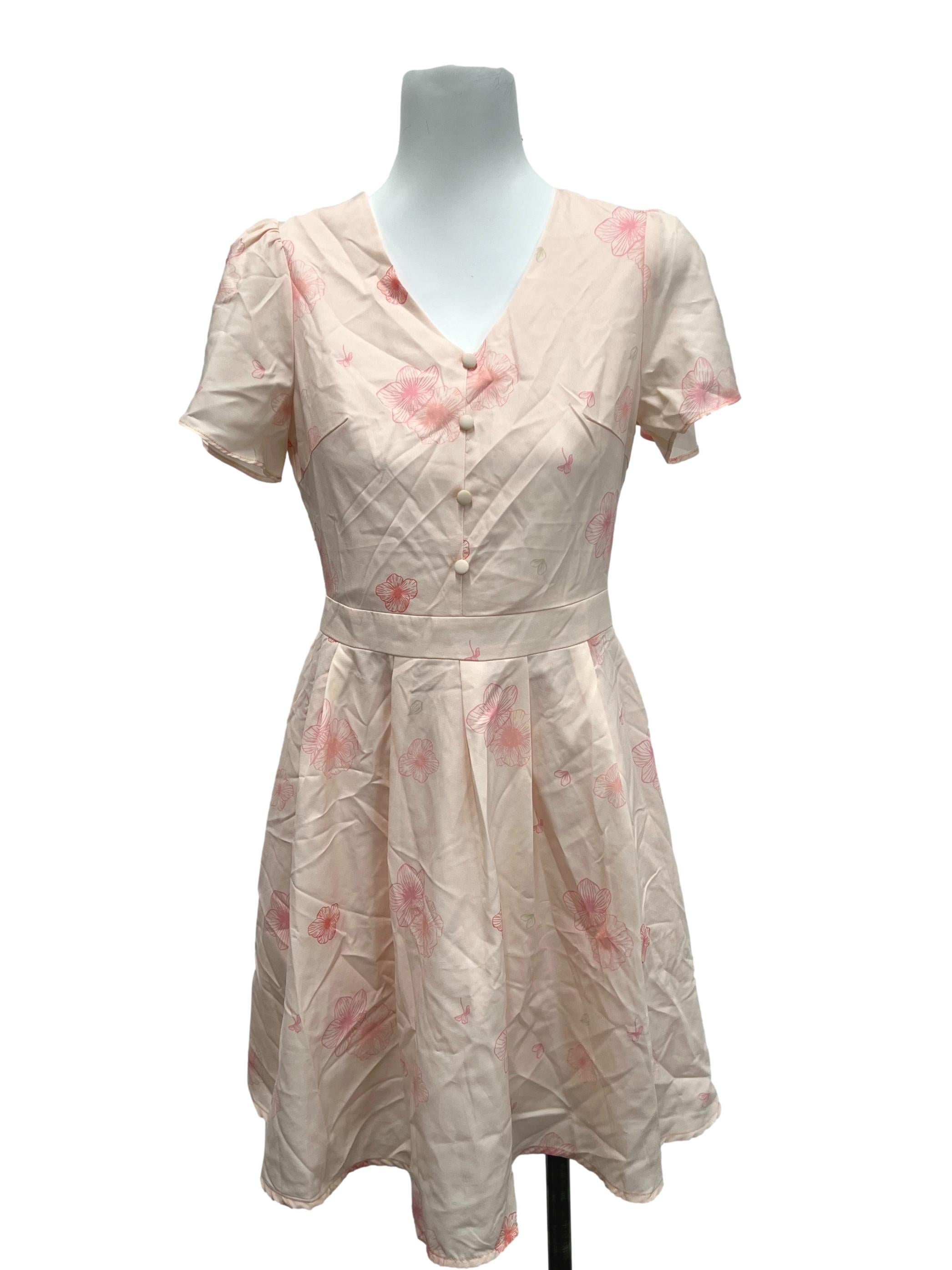 MGP Peach Floral V Neck Flutter Sleeve Dress | REFASH