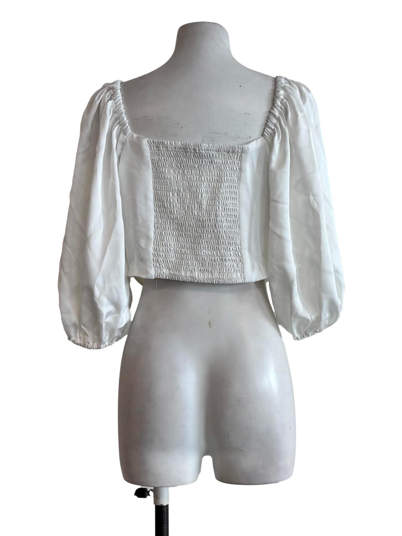 White Pleated Longsleeve Surplice Blouse