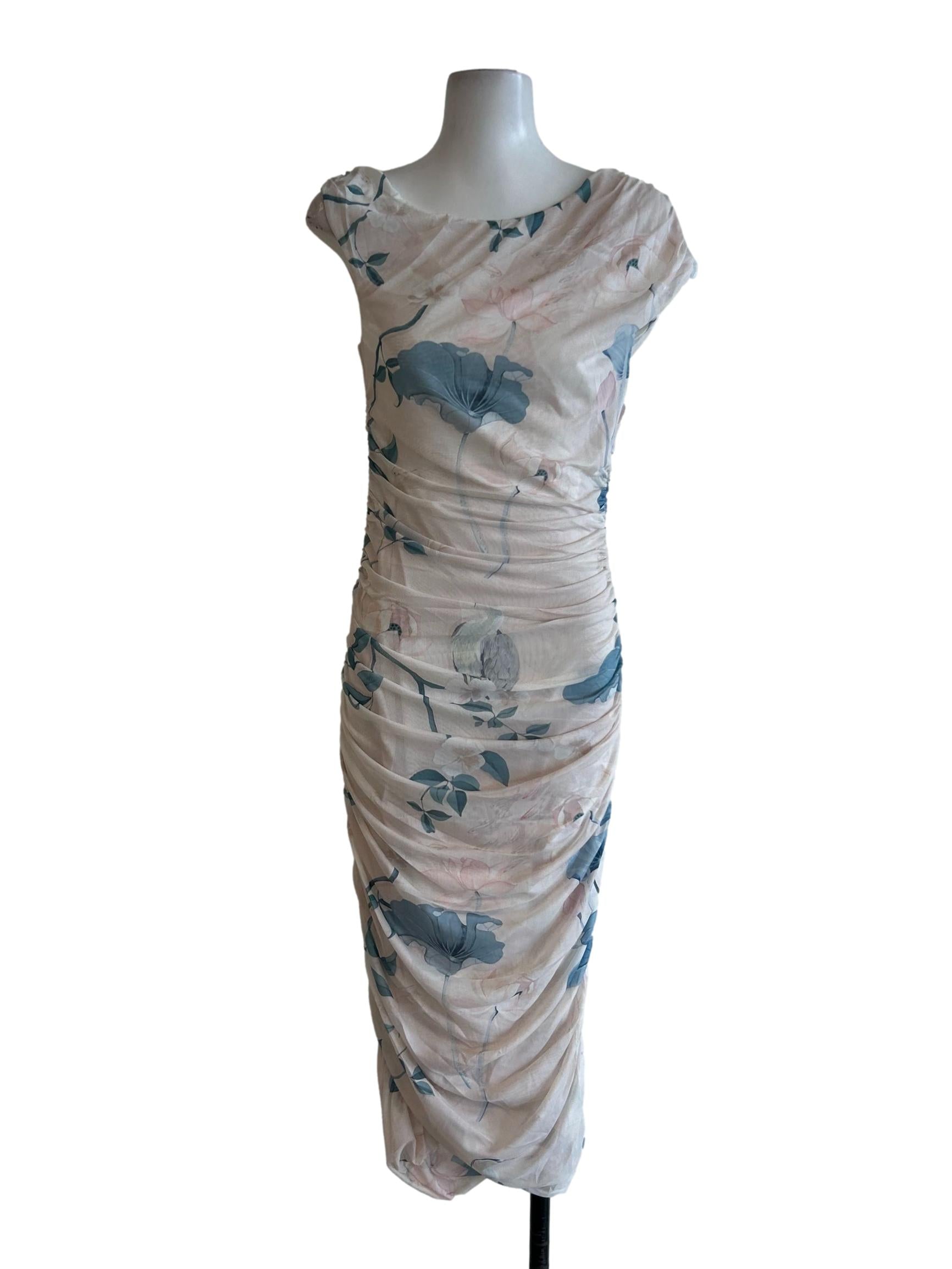 Beige And Blue Floral Mesh Dress