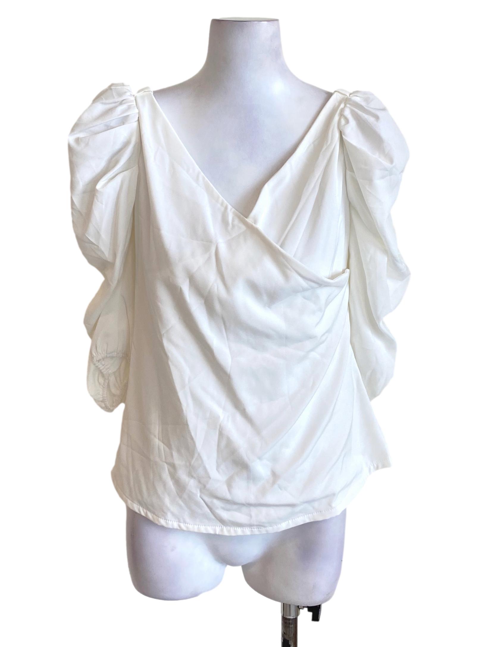White V-Neck Wrapped Puffed Sleeve Blouse