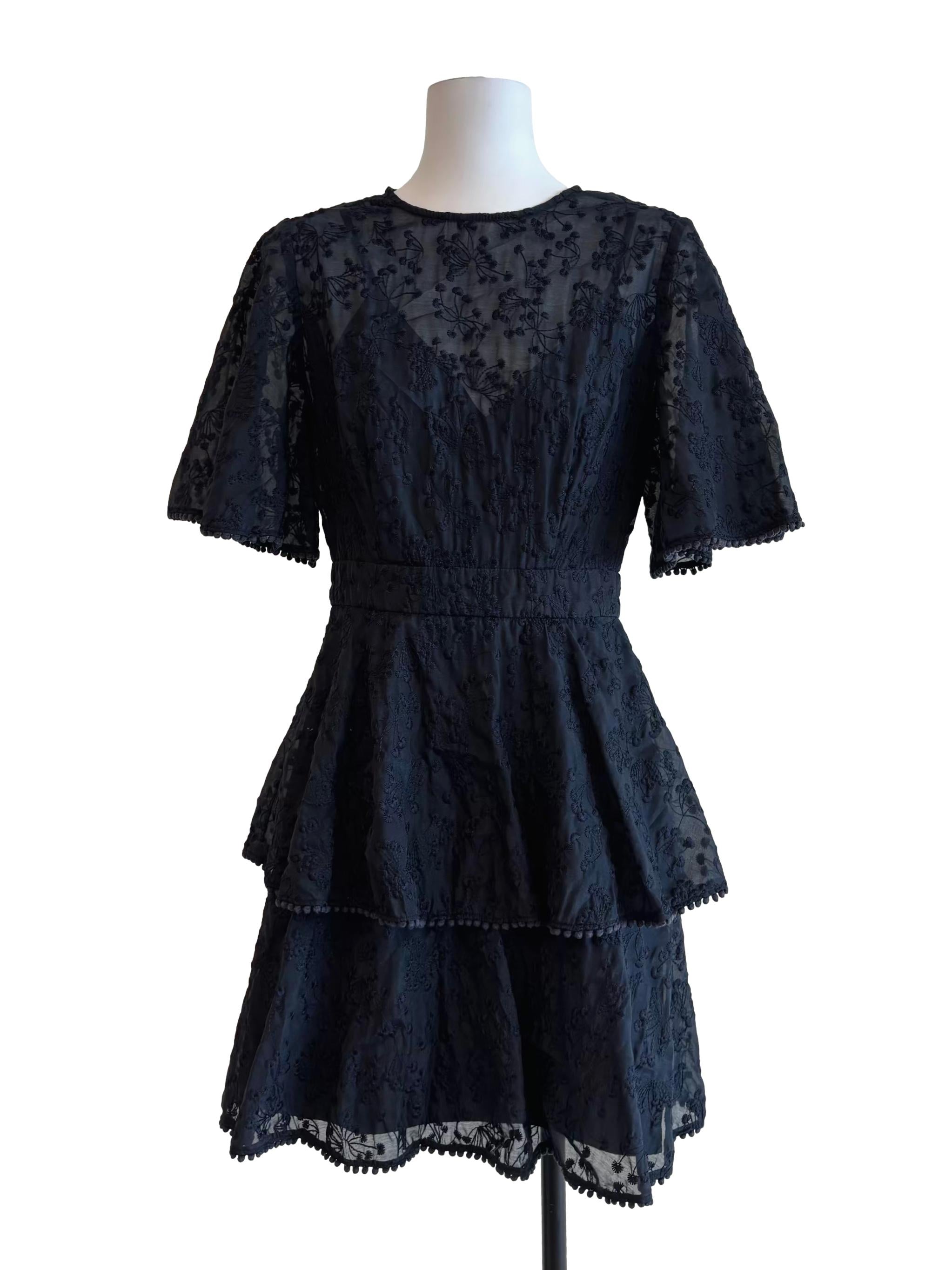 Midnight Blue Embroidered Tiered Dress