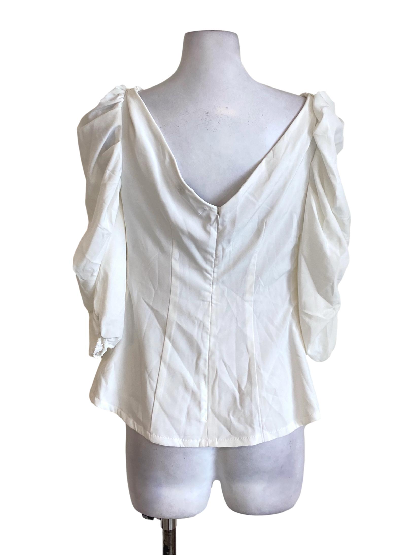 White V-Neck Wrapped Puffed Sleeve Blouse