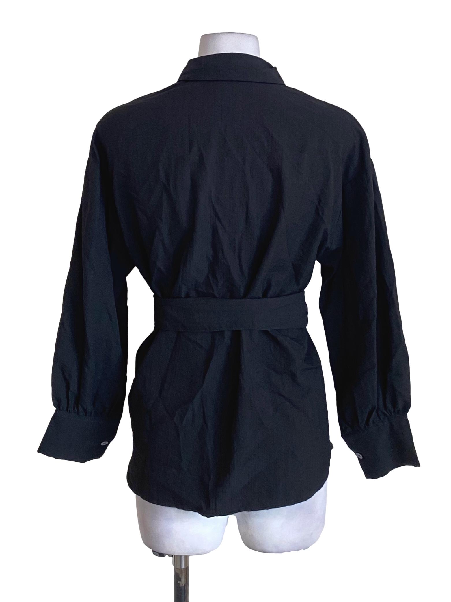 Black Wing Collar Bishop Sleeve Buttoned Down Shirt Blouse