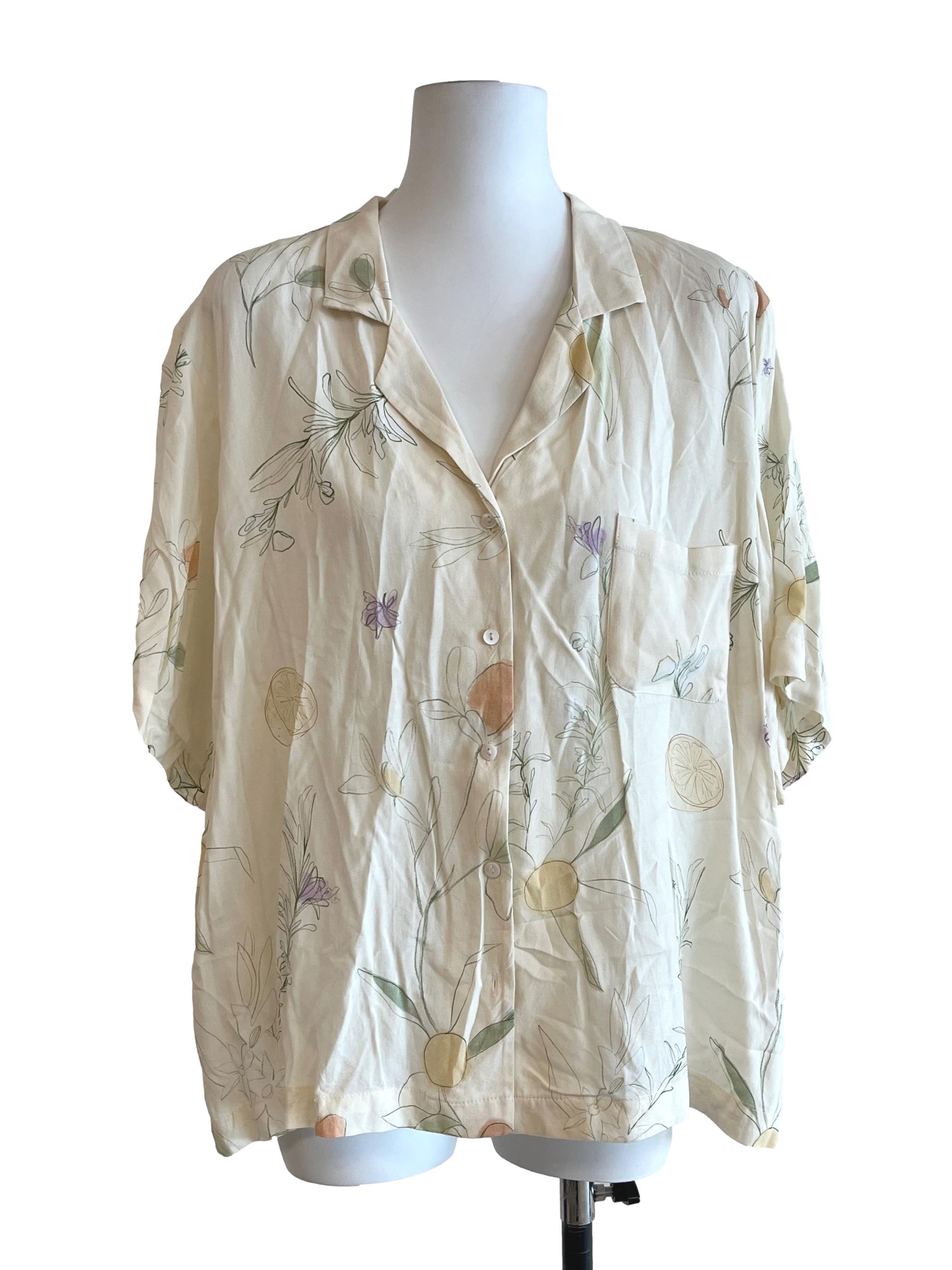 Cream White Floral Print Short Sleeve Top
