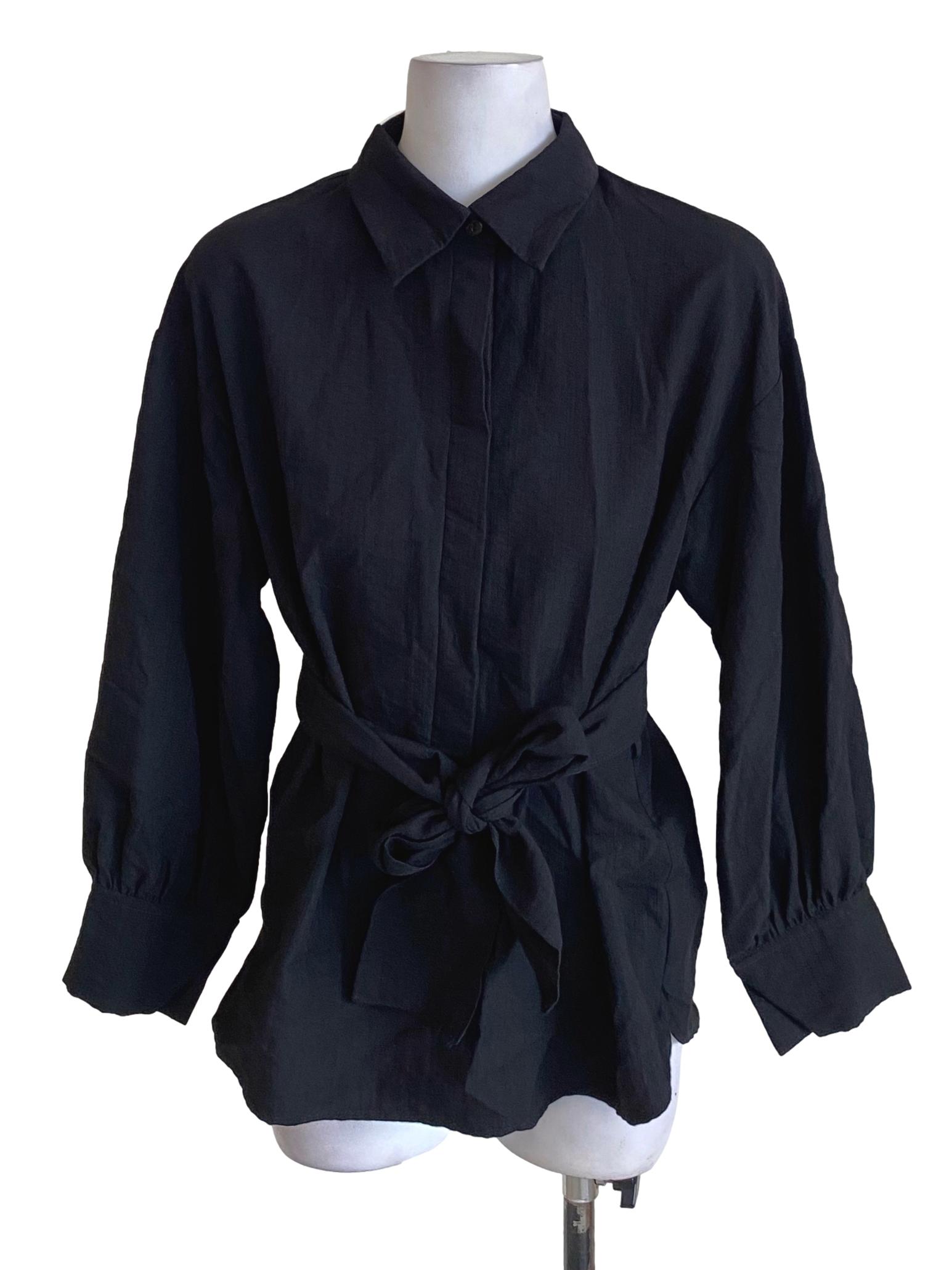 Black Wing Collar Bishop Sleeve Buttoned Down Shirt Blouse