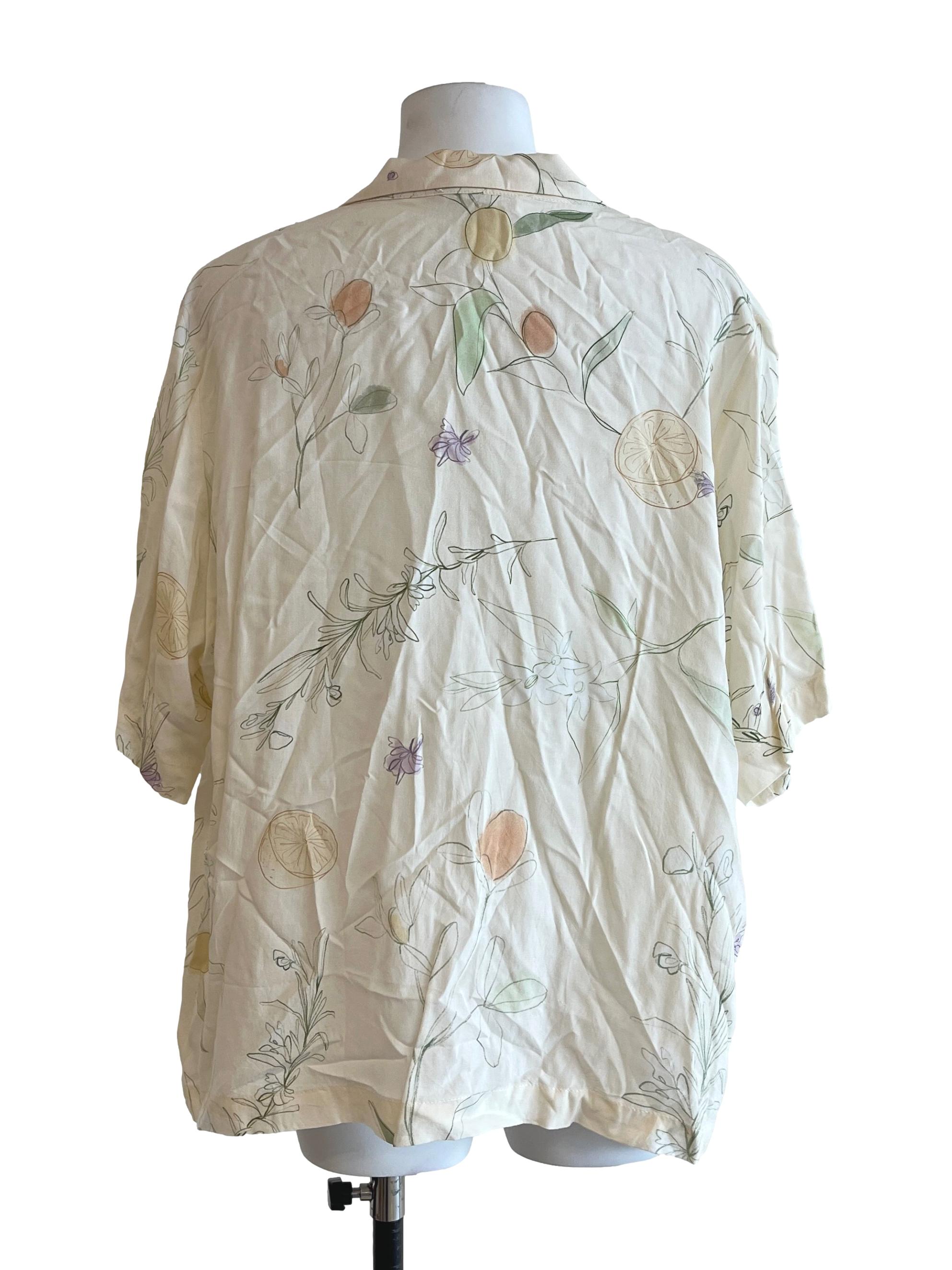 Cream White Floral Print Short Sleeve Top