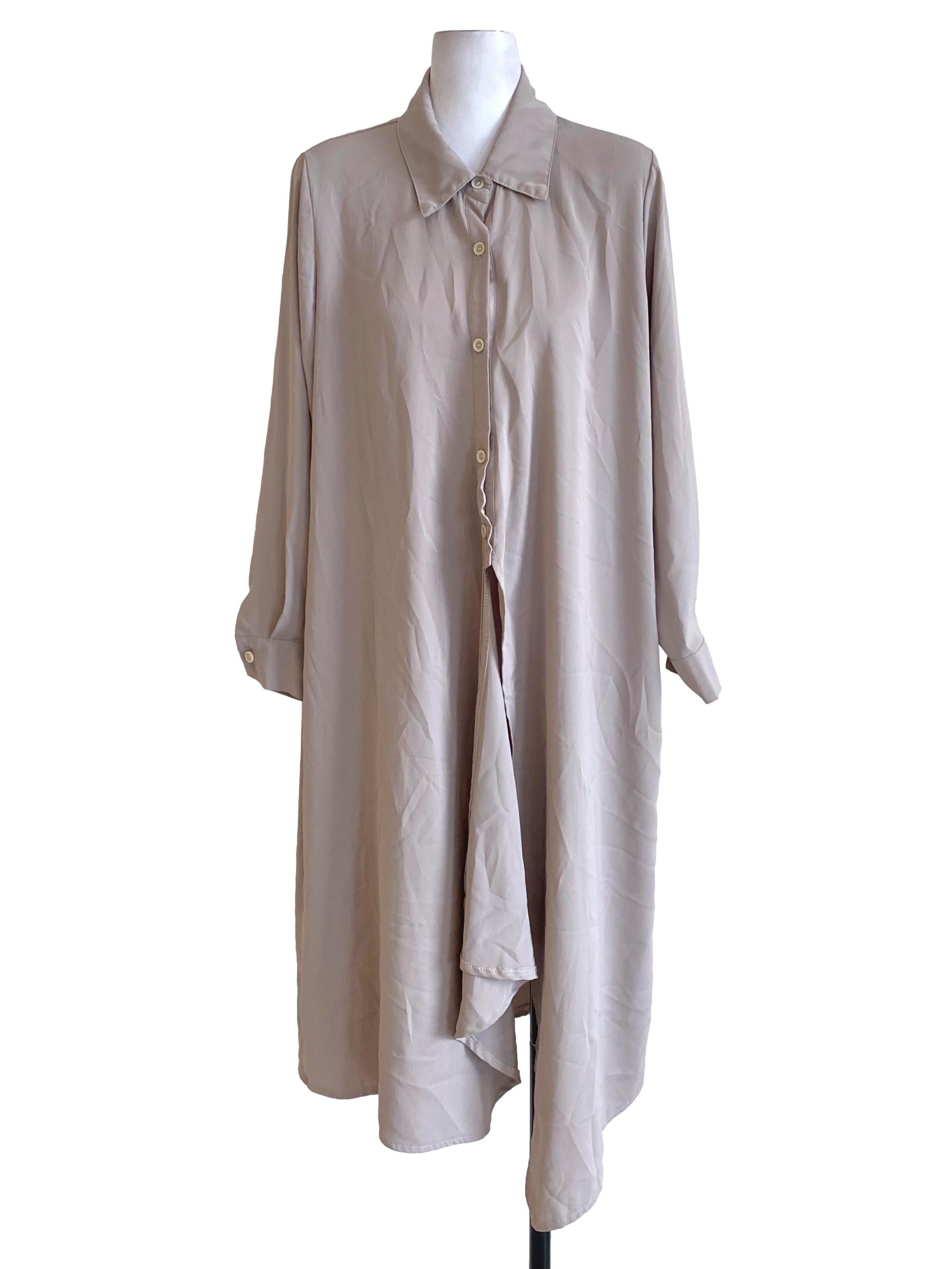 Oat Brown Buttoned Down Loose Long Slit Shirt Dress