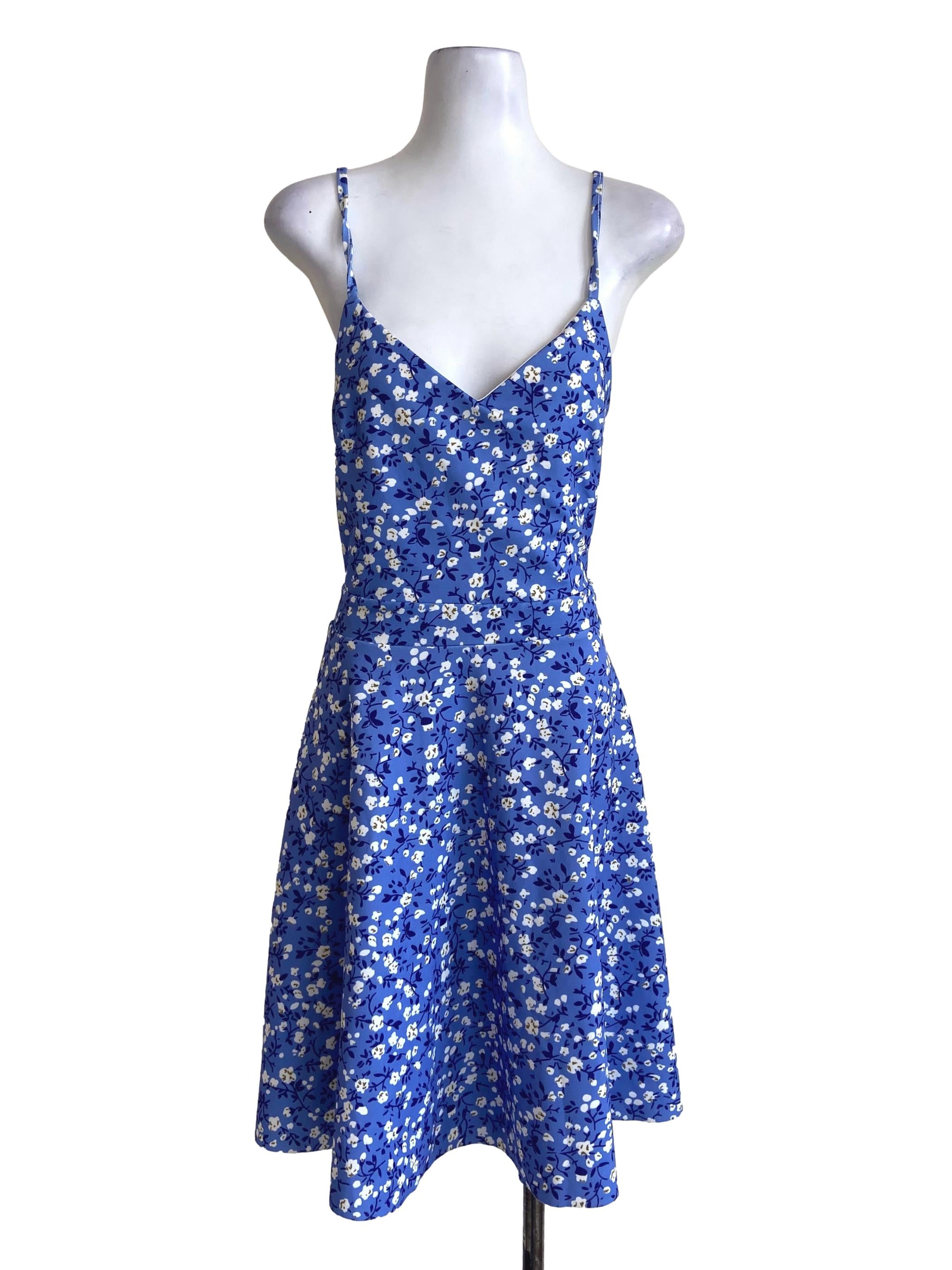 Blue Spaghetti Straps Floral Dress