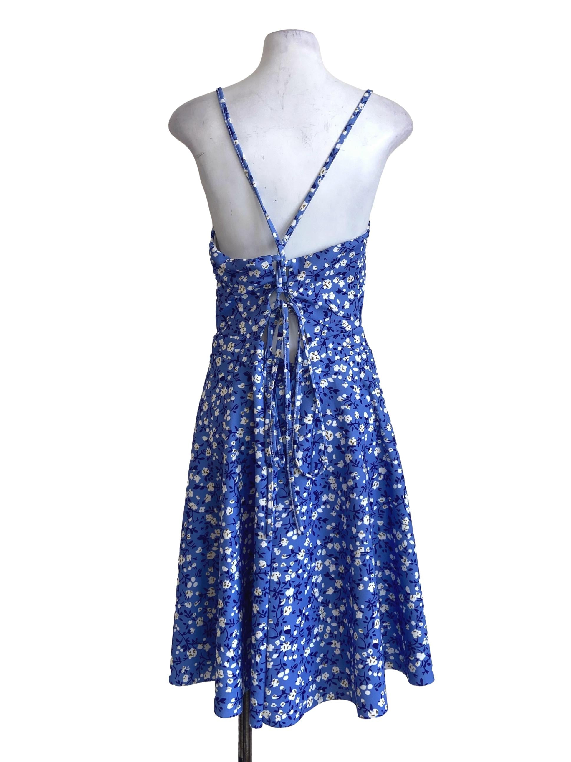 Blue Spaghetti Straps Floral Dress