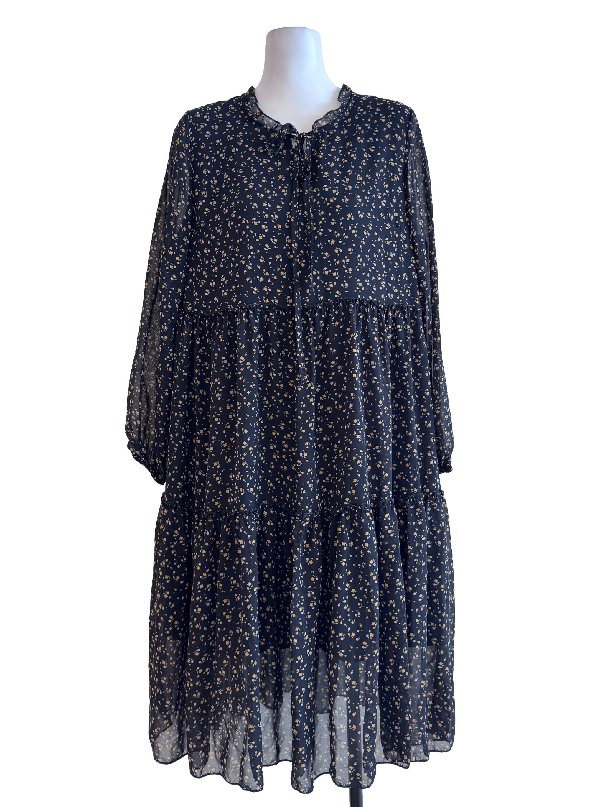 Black Floral Print Ruffle Dress