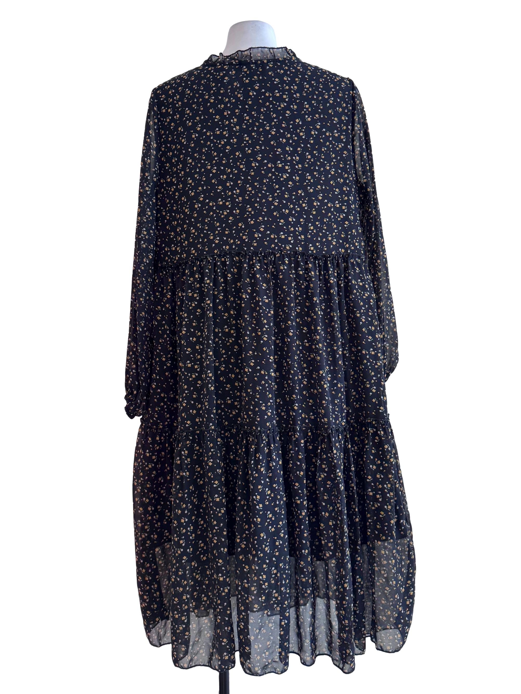 Black Floral Print Ruffle Dress