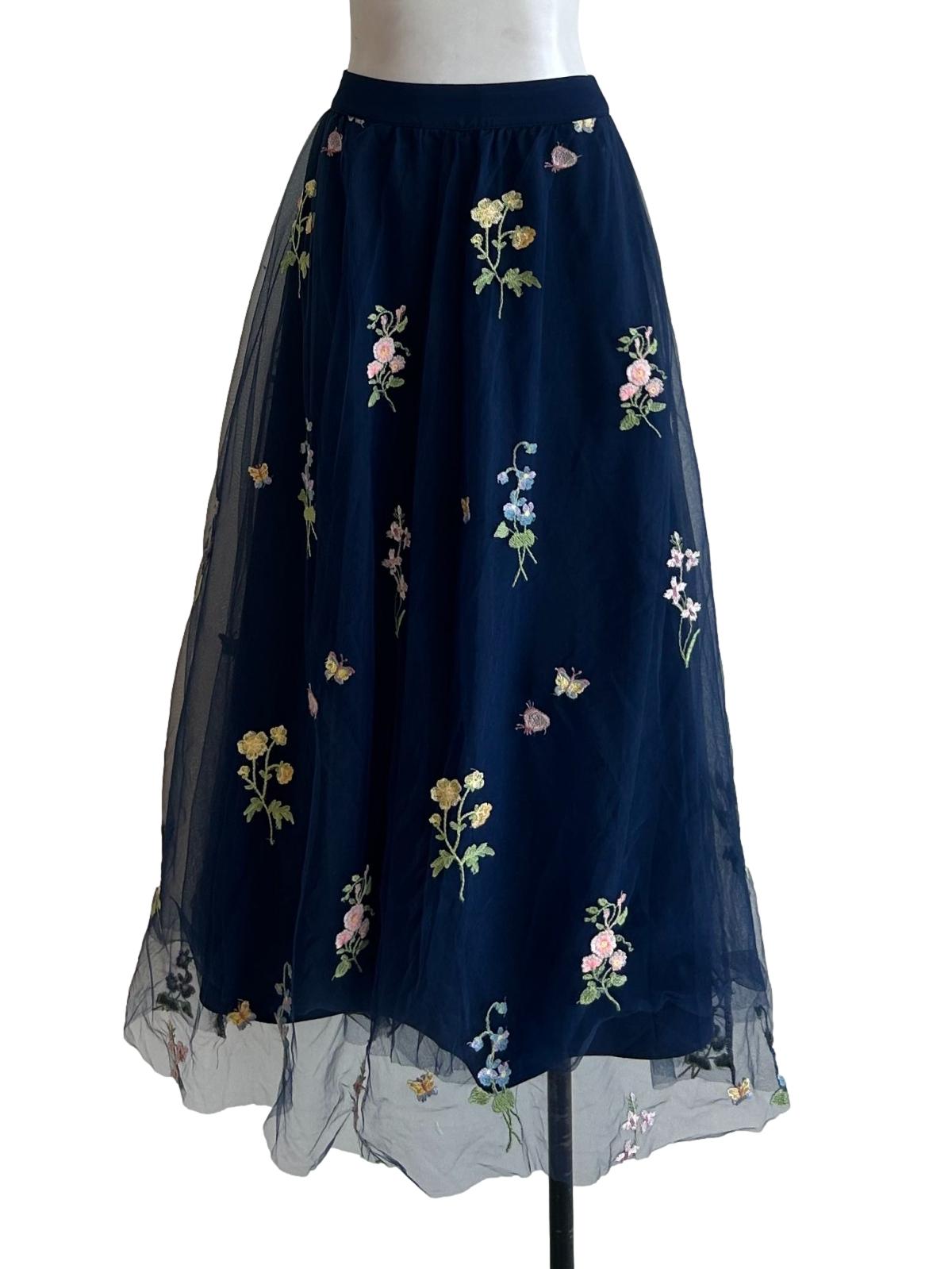 Navy Blue Floral Organza Skirt