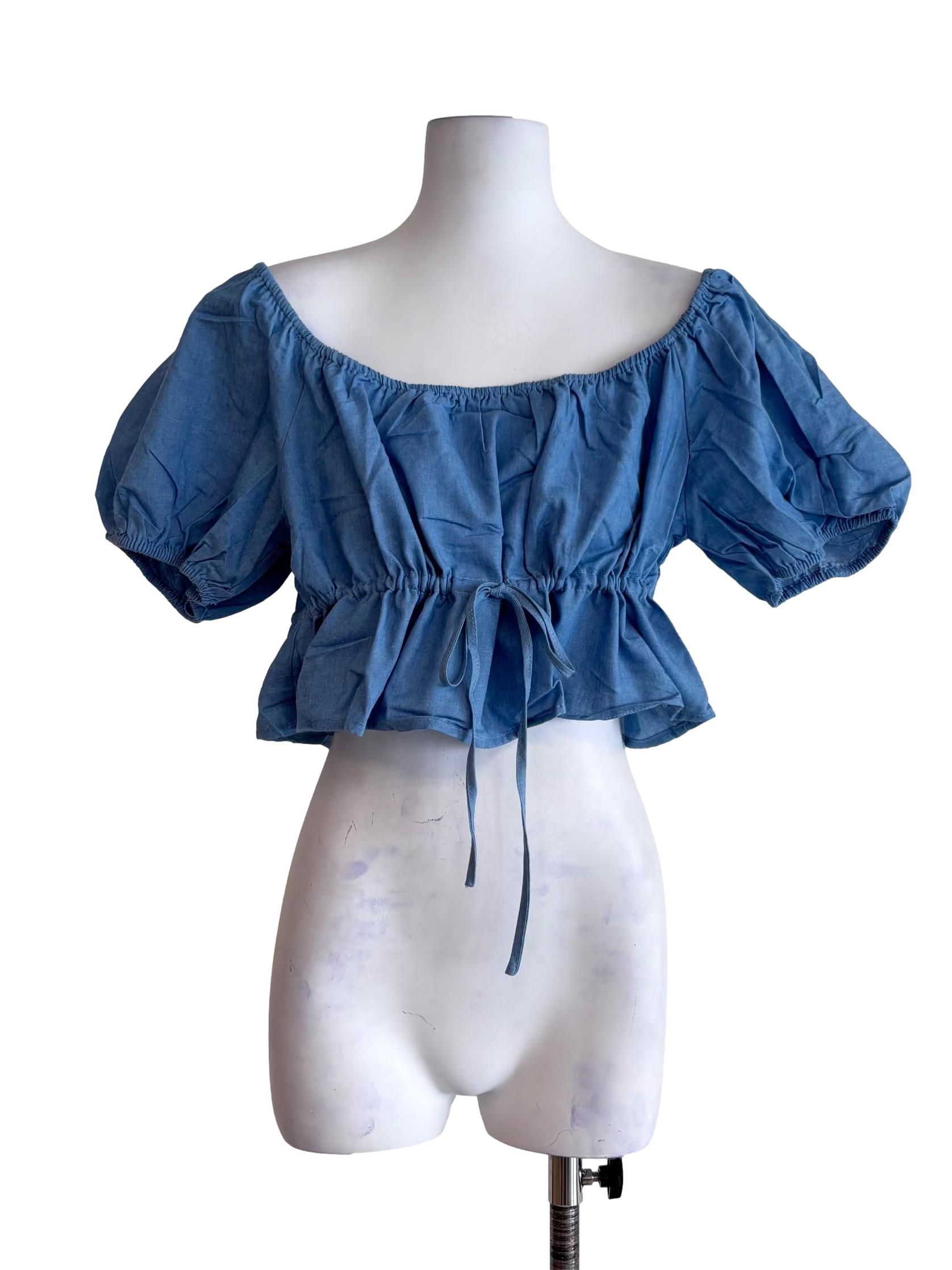 Blue Bert Chambray Puffy Drawstring Sleeve Top