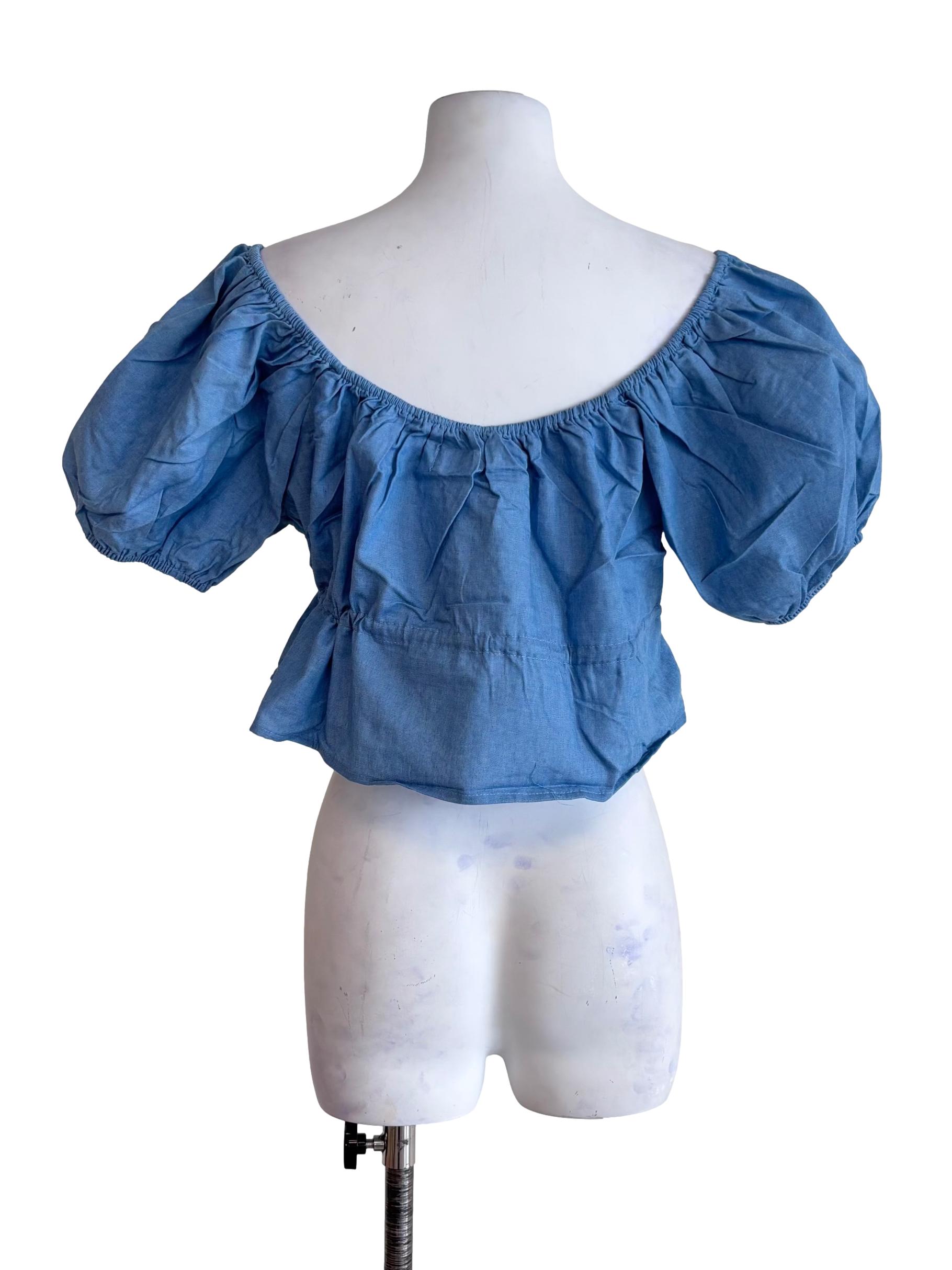 Blue Bert Chambray Puffy Drawstring Sleeve Top