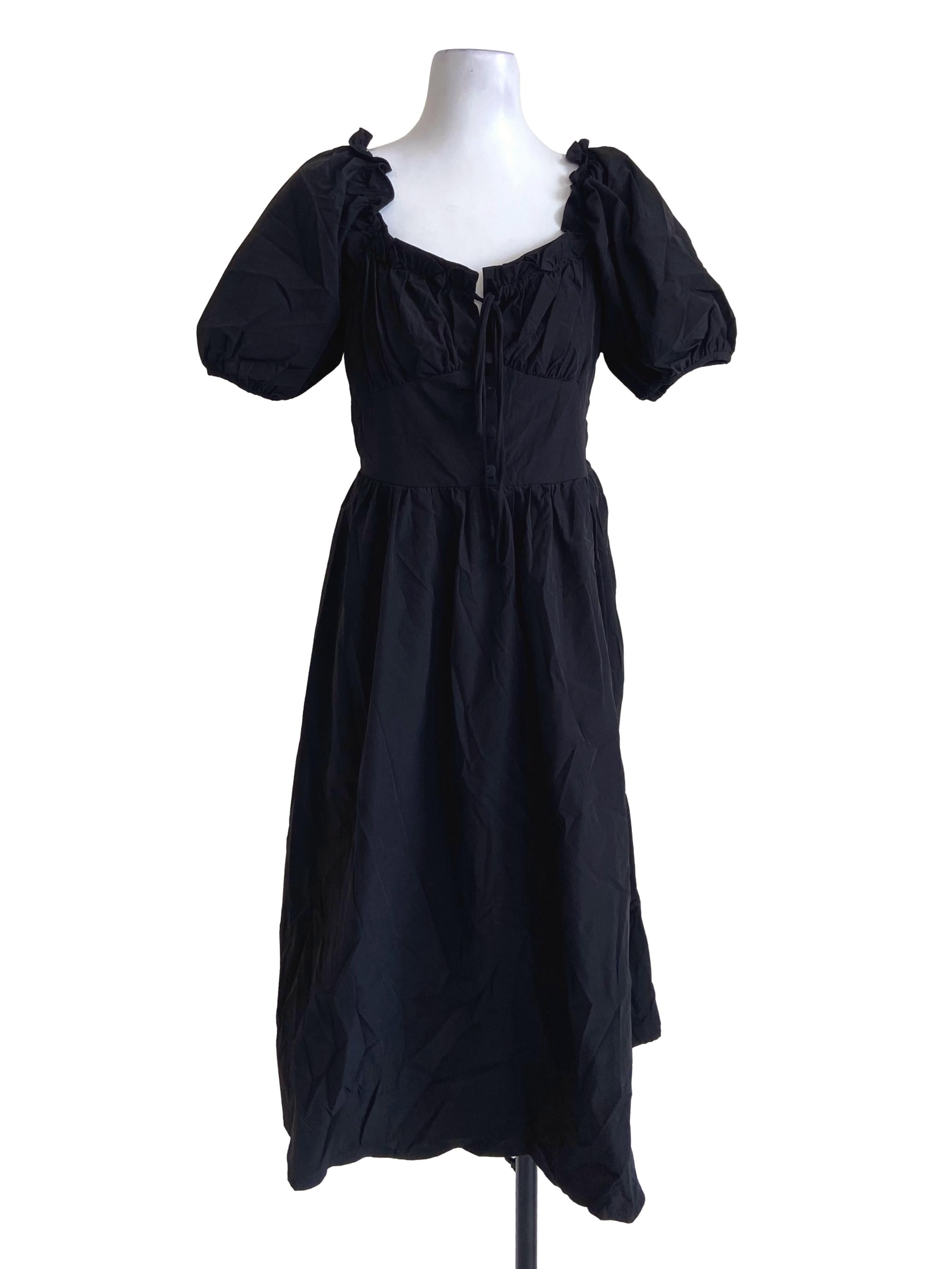 Black Half Button Down Square Neck A-Line Dress