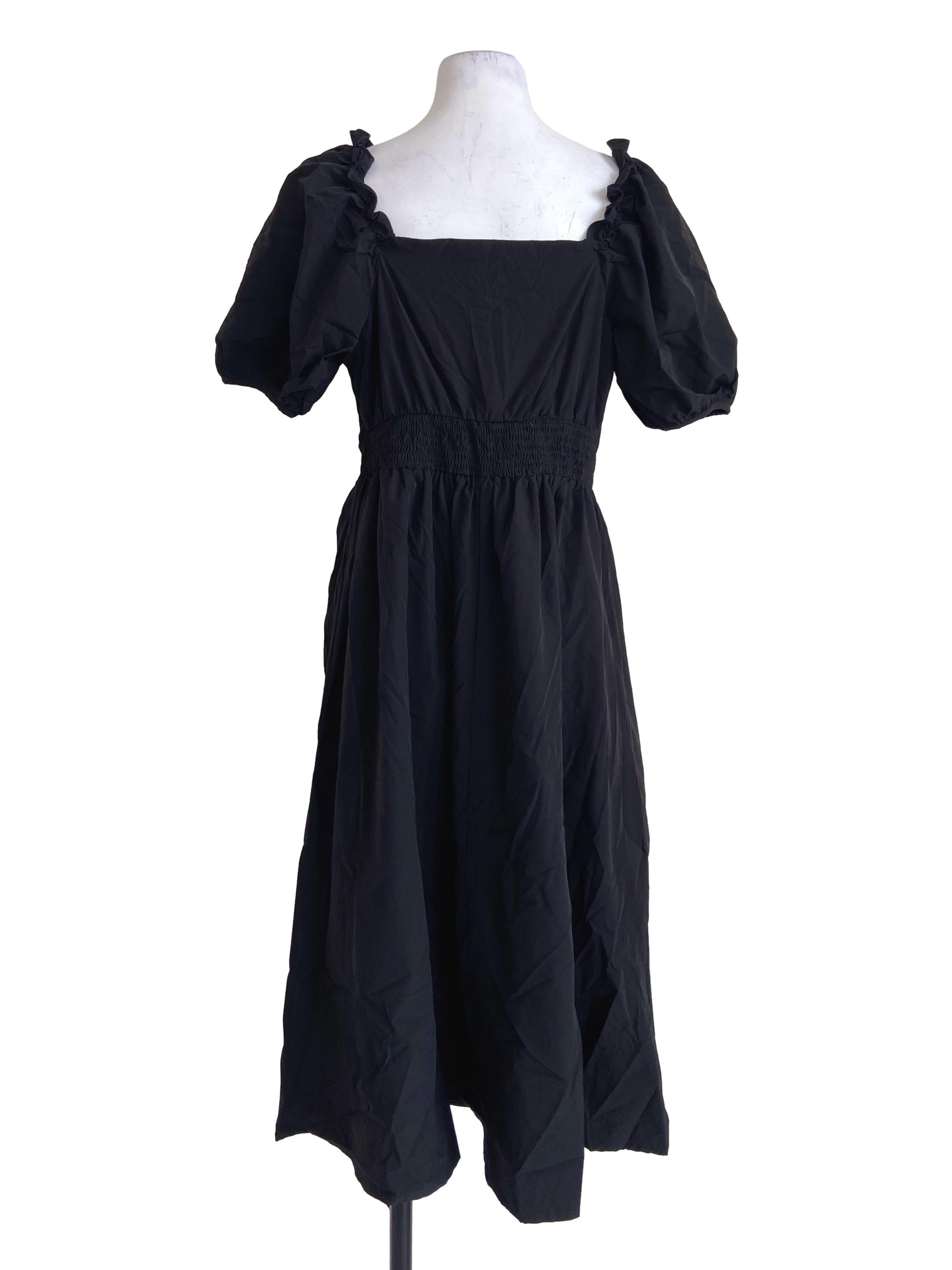 Black Half Button Down Square Neck A-Line Dress