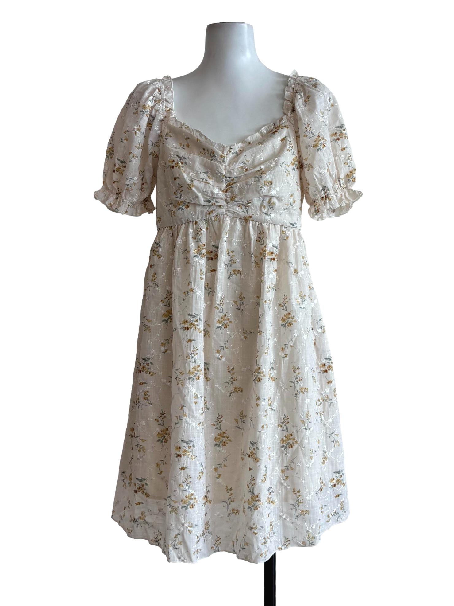 Rice White Princess Sleeve Cotton Floral Dress