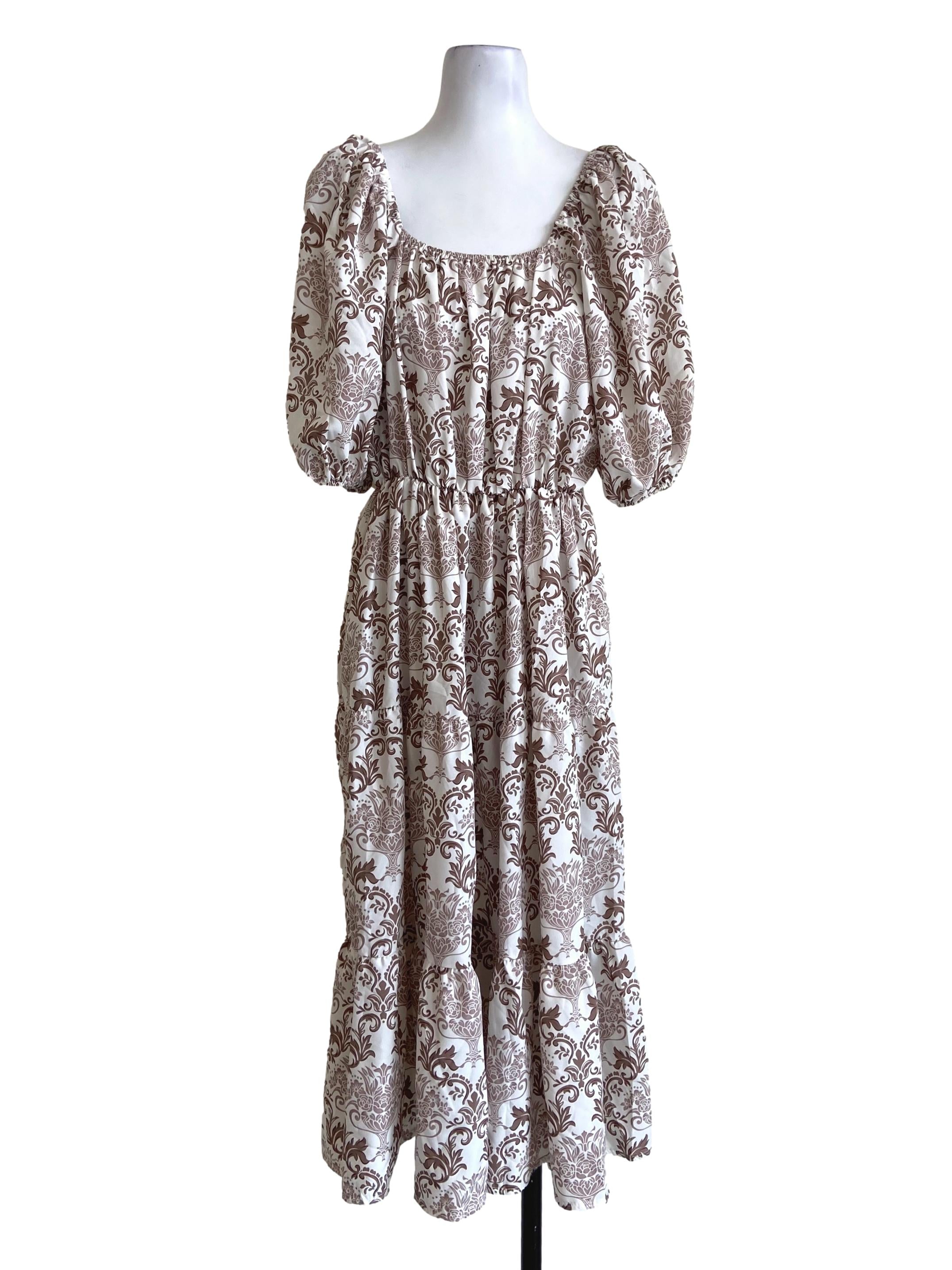 Brown Square Neck Pegged Layered Dress