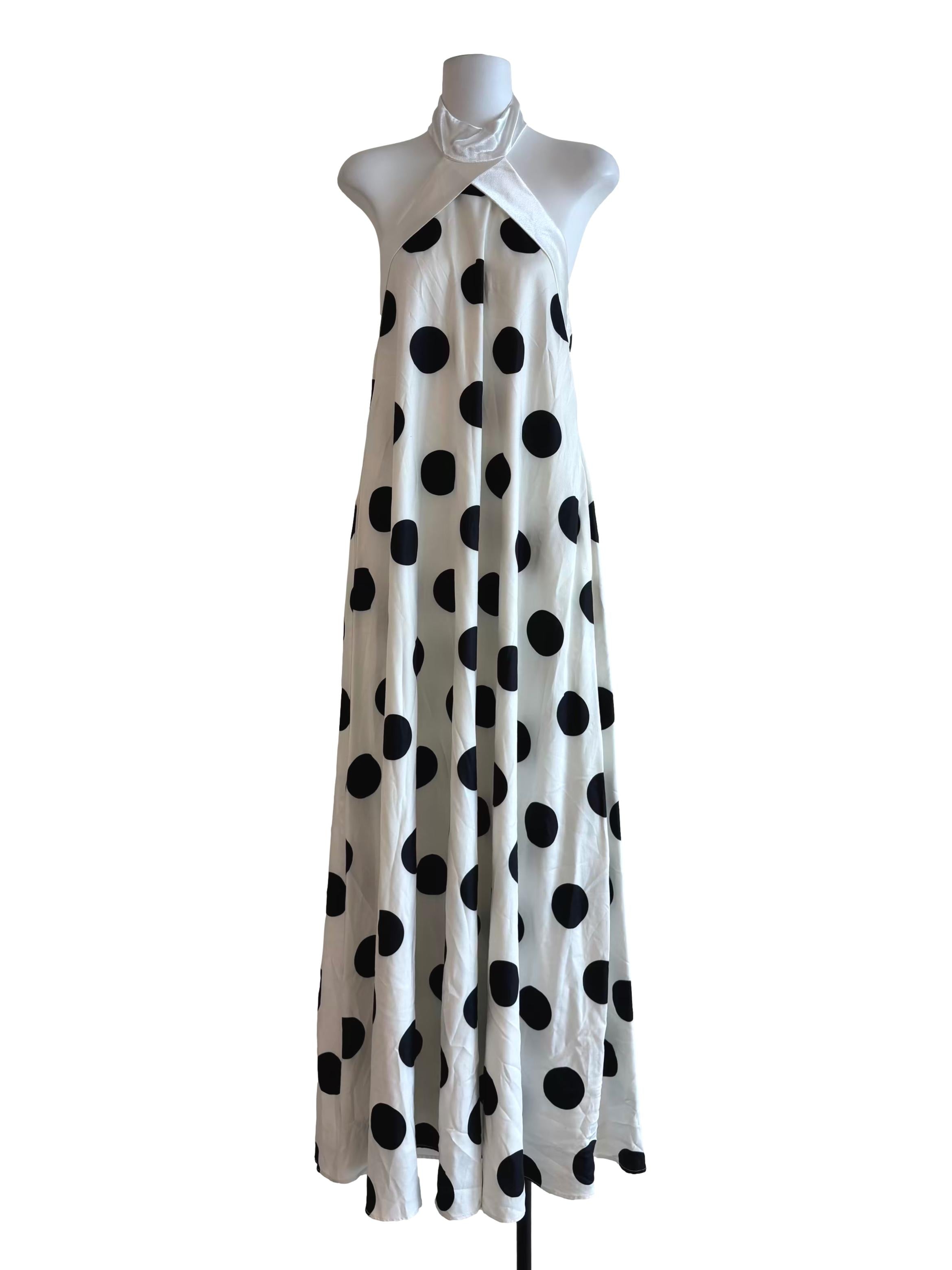 White With Black Polka Dots Halter Maxi Dress