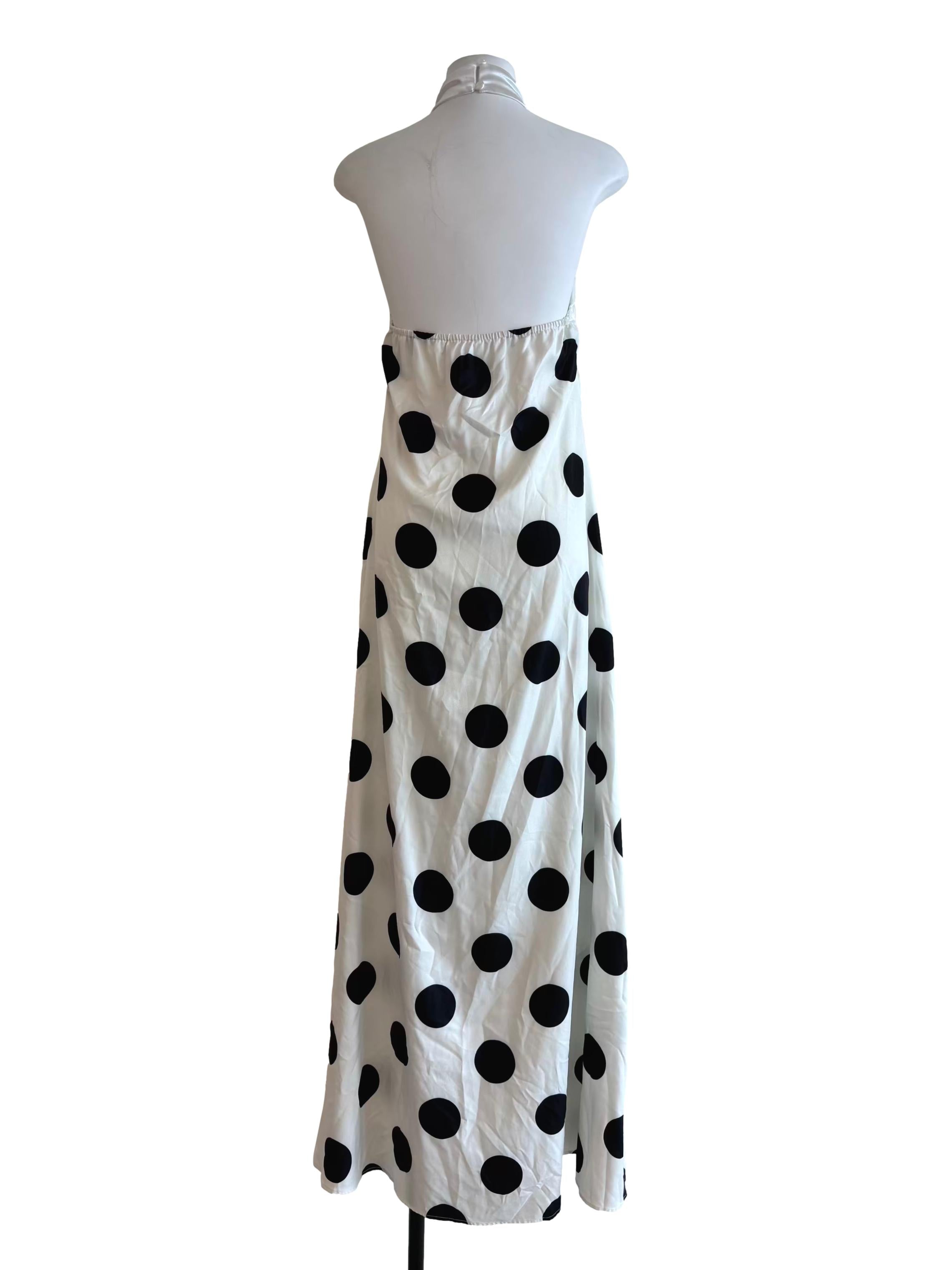 White With Black Polka Dots Halter Maxi Dress
