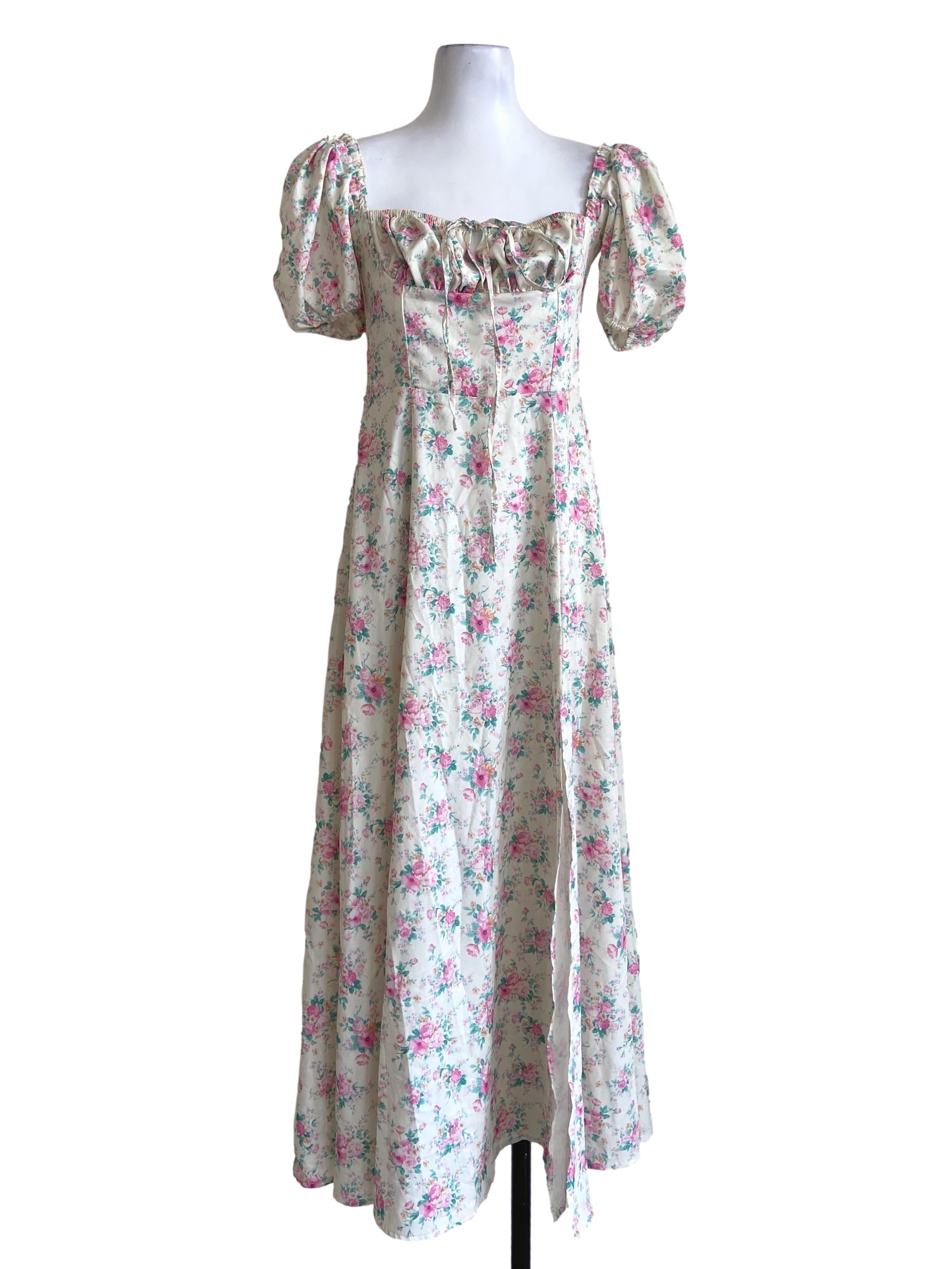 Cream White & Pink Floral Slit Dress