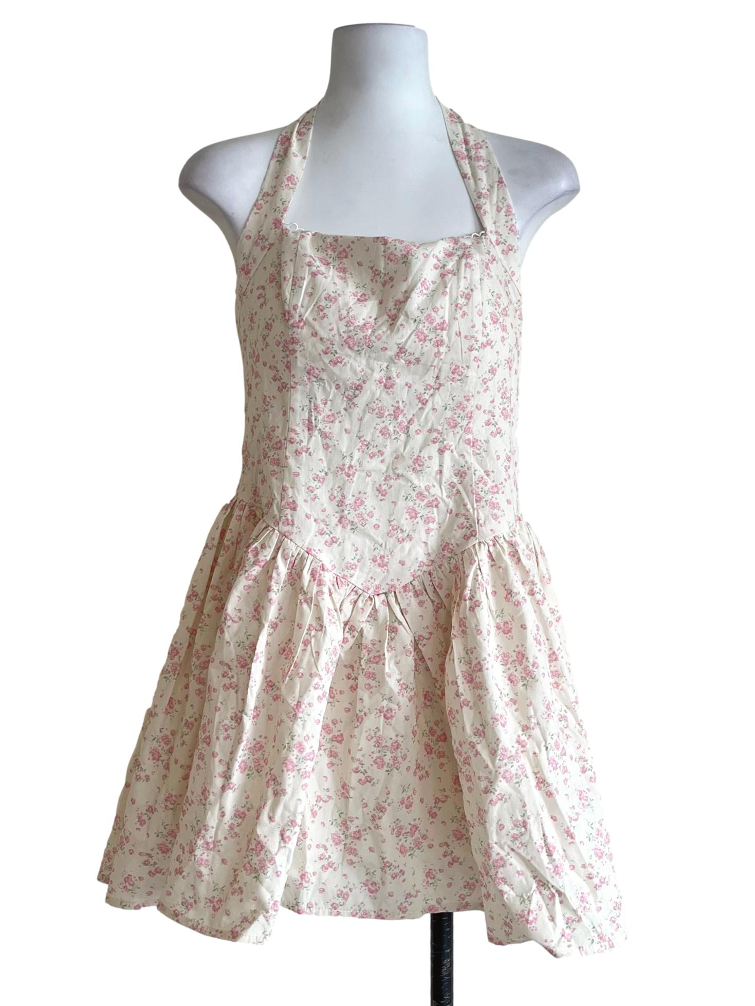 Ivory Pink Floral Halter Mini Dress